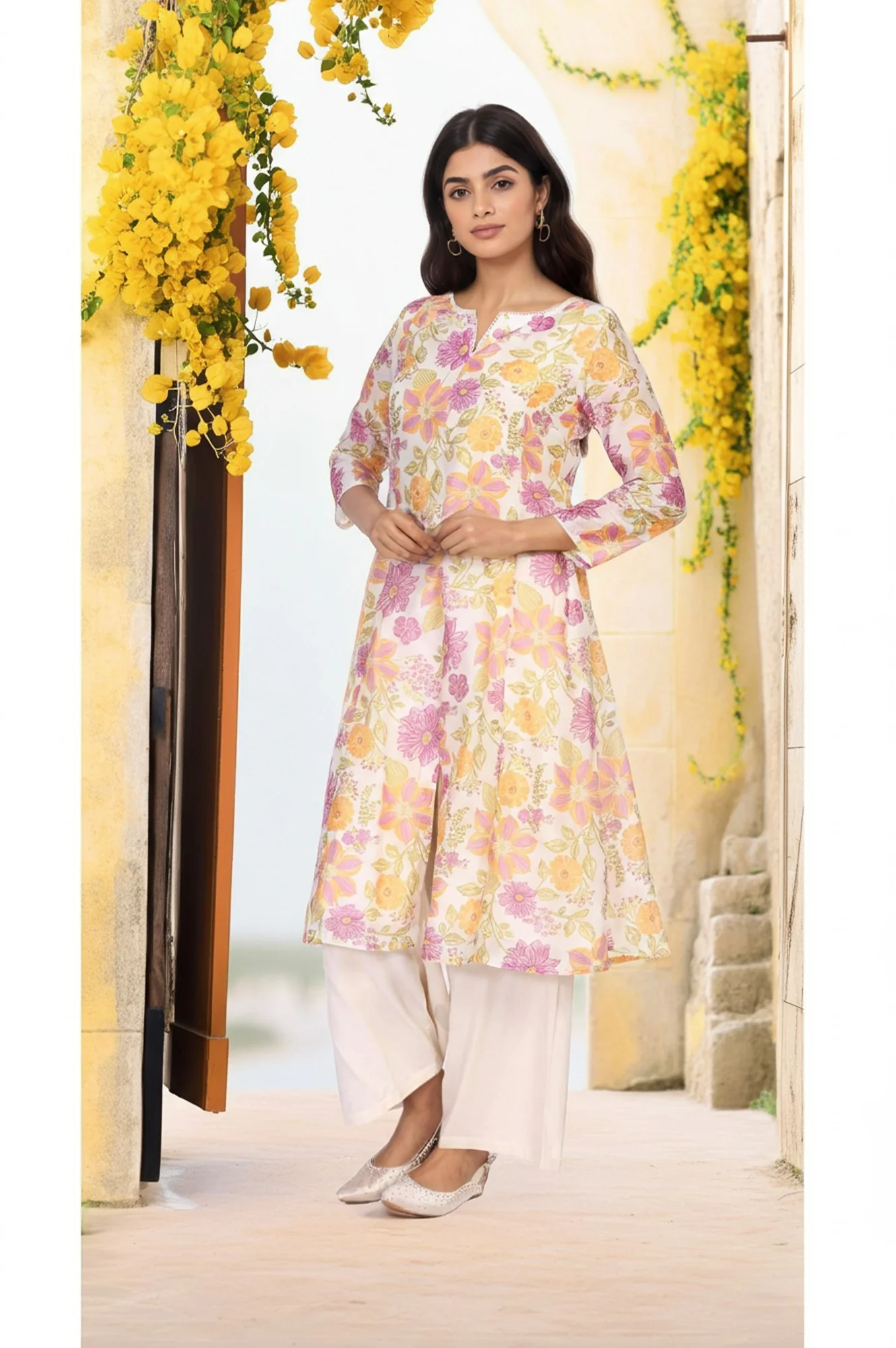 Off-White Floral Printed A-Line Kurta with Parallel Pant and Dupatta Set - Image 6