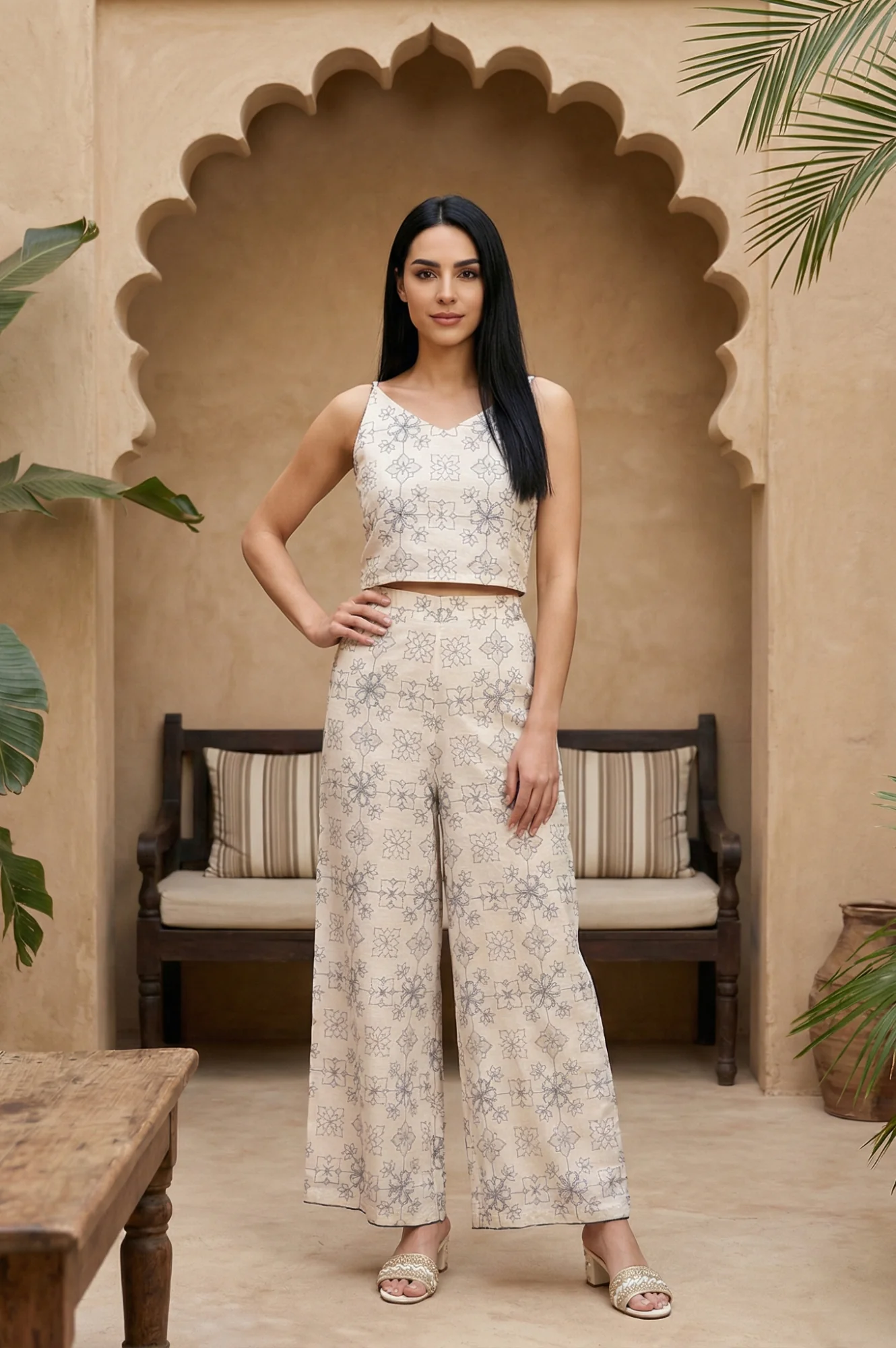Off White Floral Printed Buttons Straight Top with Pants and Jacket Set - Image 2