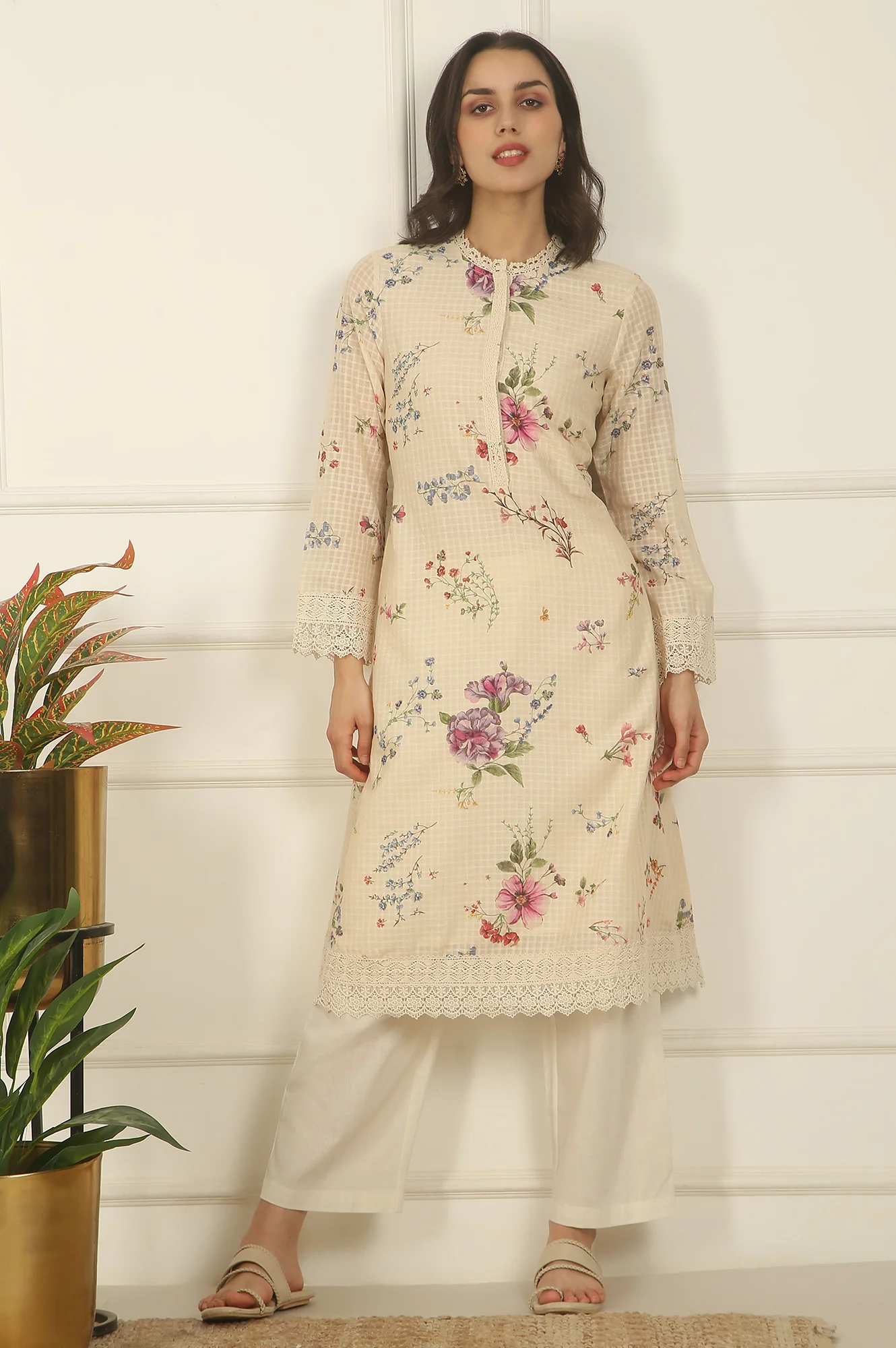 Off-White Floral Printed Checker Cotton A-line Kurta - Image 2