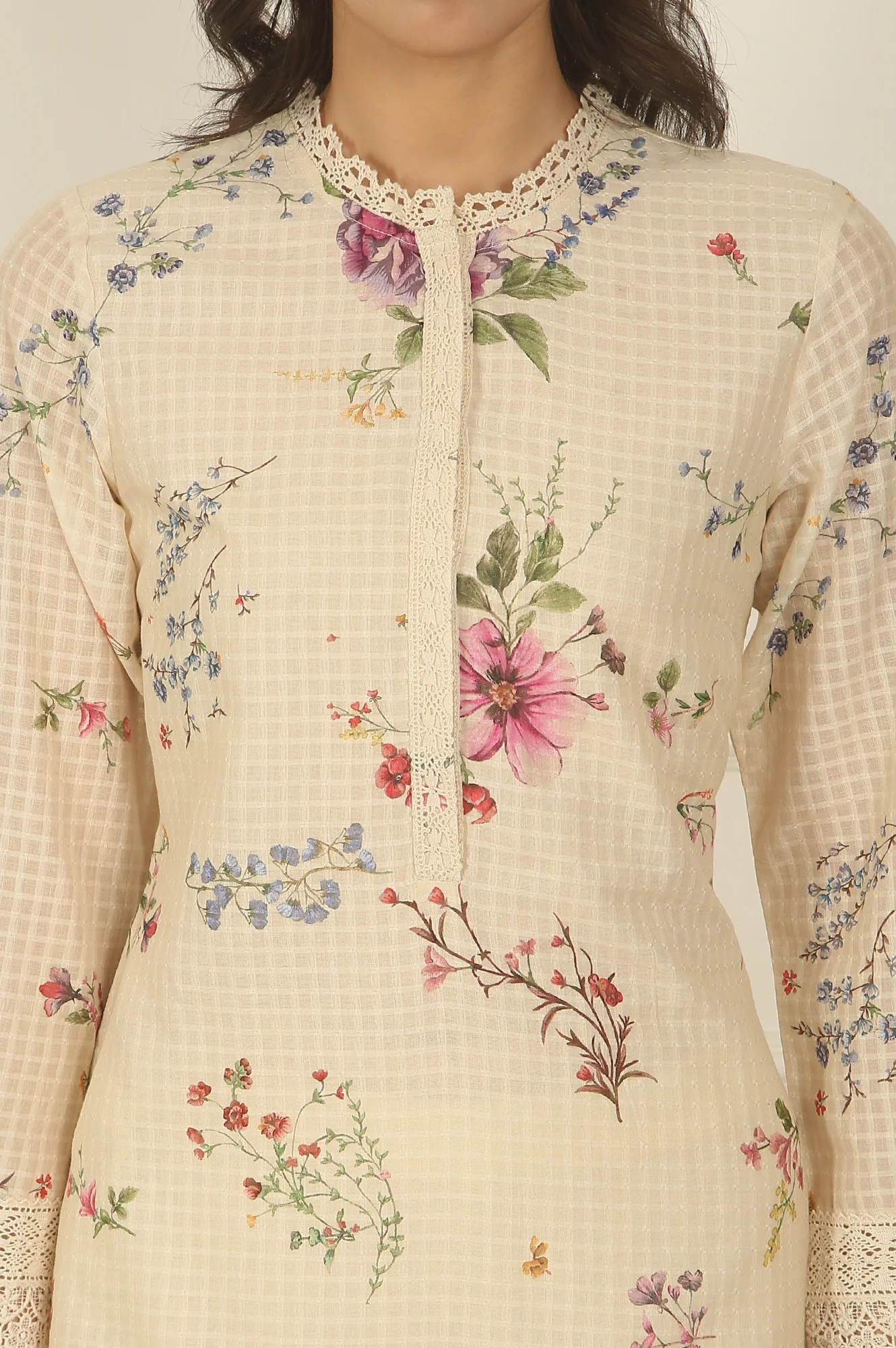 Off-White Floral Printed Checker Cotton A-line Kurta - Image 3