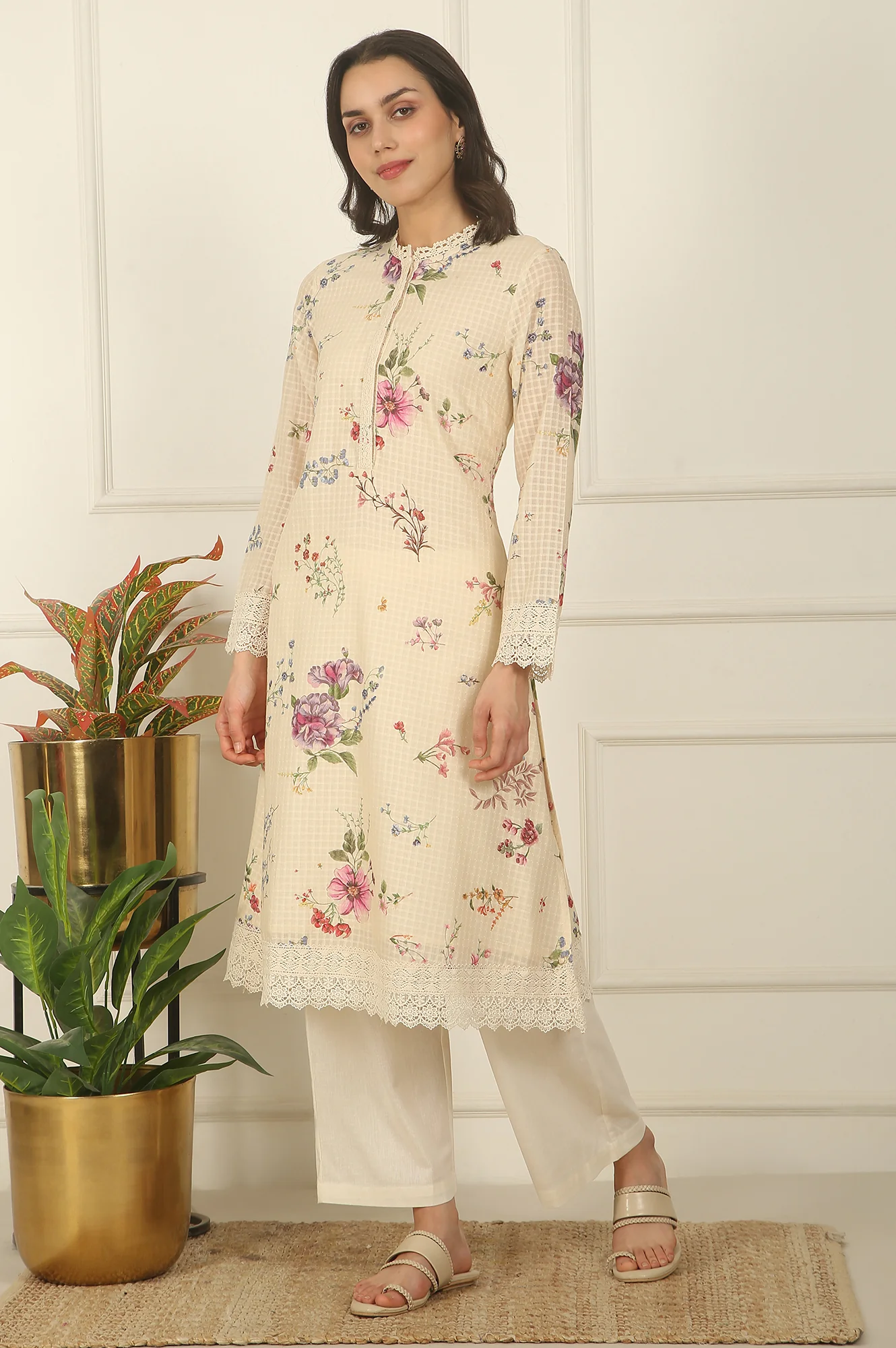 Off-White Floral Printed Checker Cotton A-line Kurta - Image 4