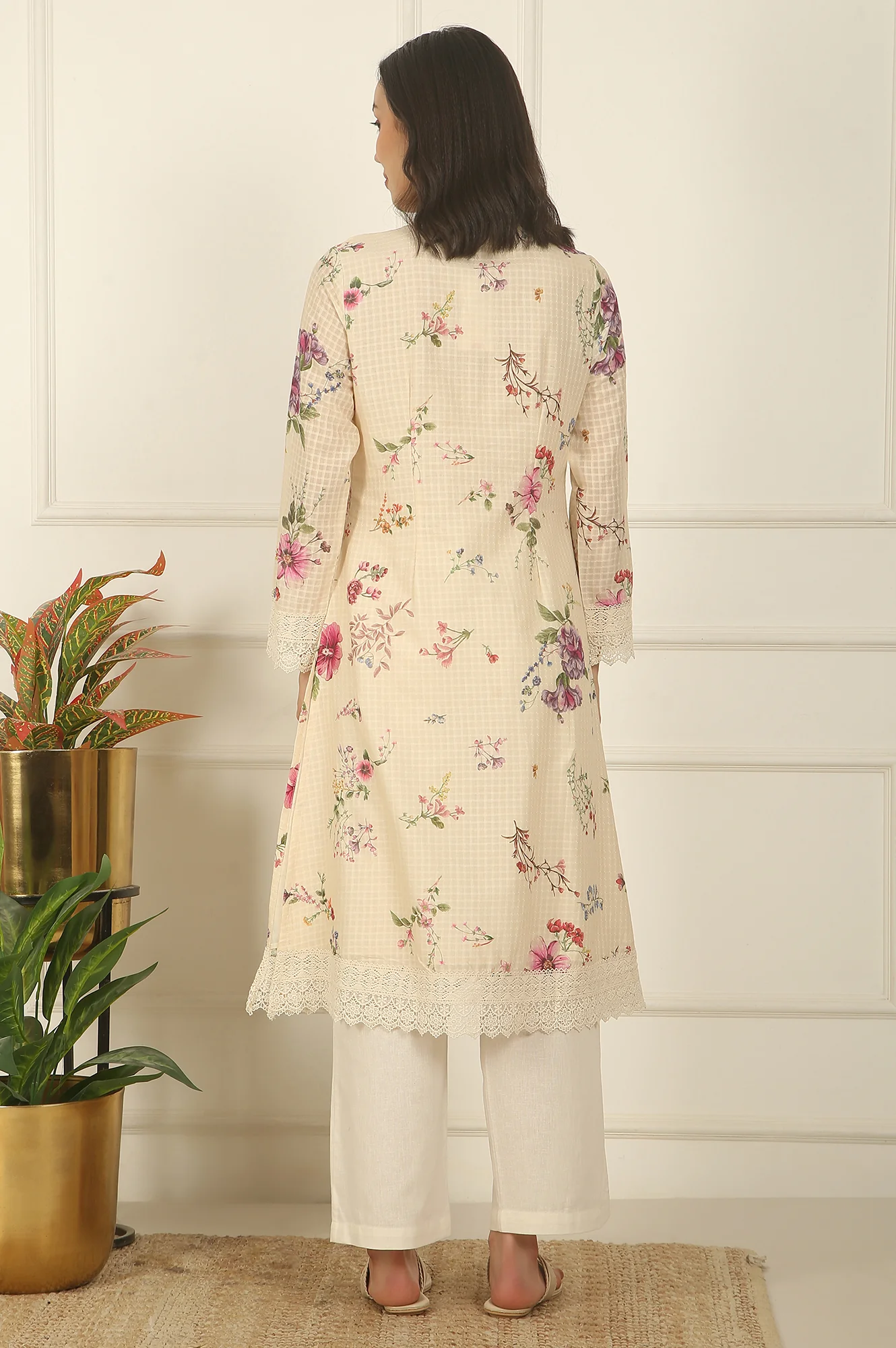 Off-White Floral Printed Checker Cotton A-line Kurta - Image 5