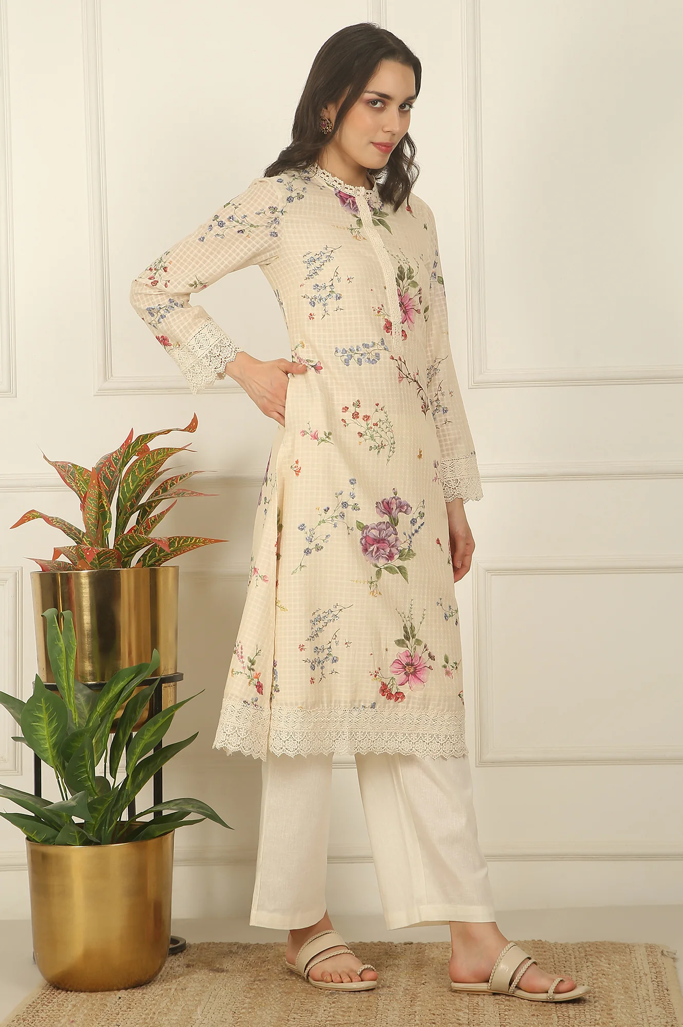 Off-White Floral Printed Checker Cotton A-line Kurta - Image 6