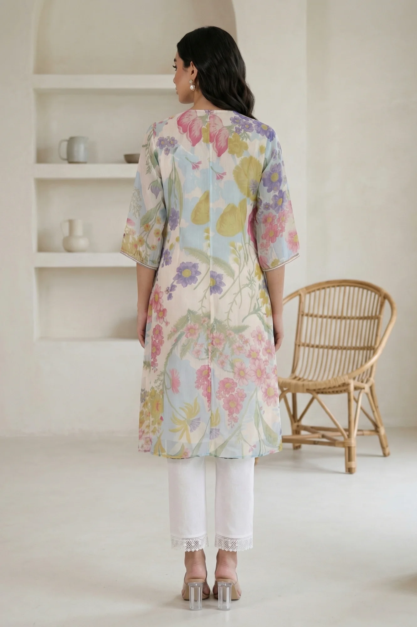 Off White Floral Printed Chiffon Straight Kurta - Image 5