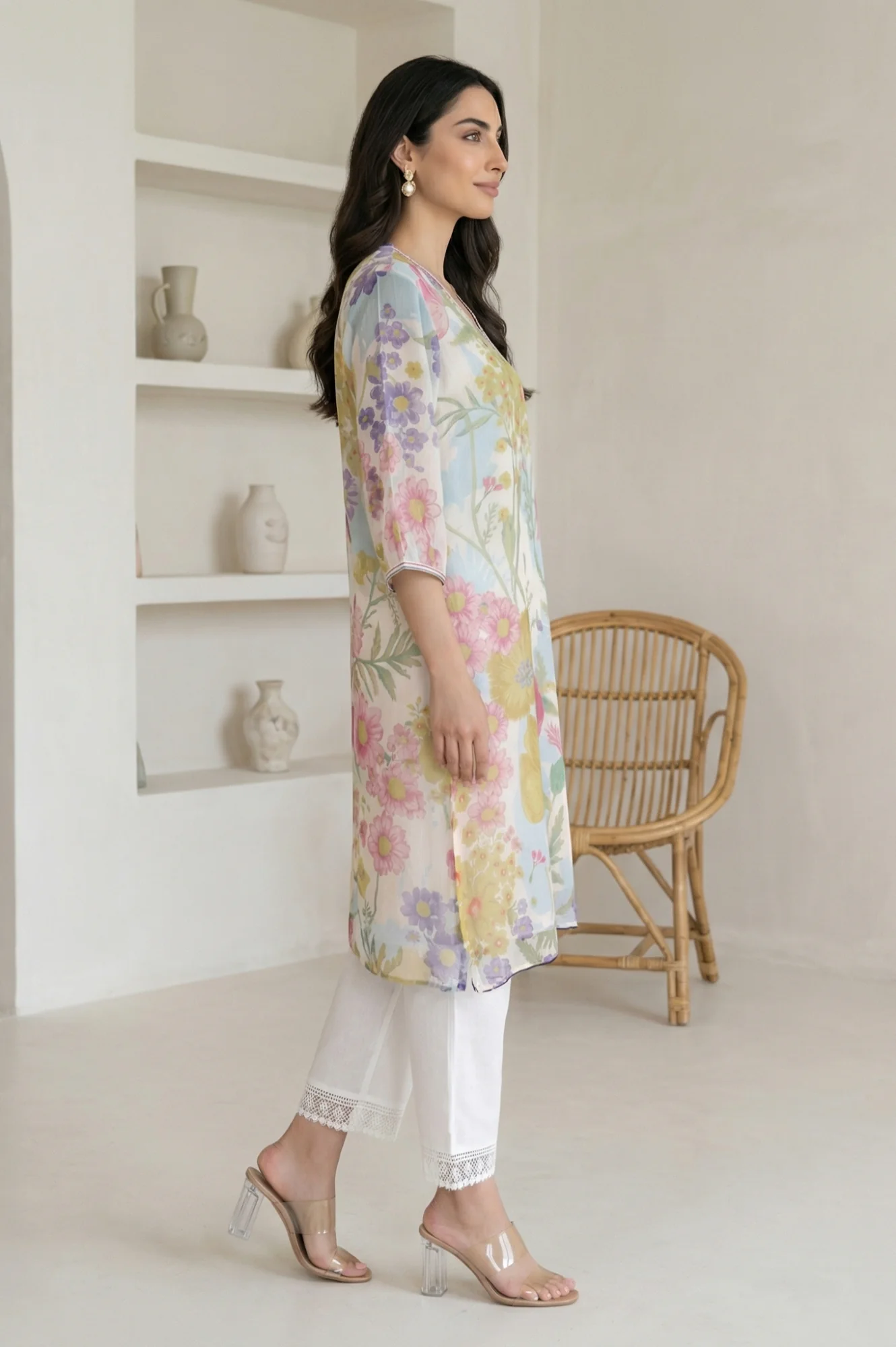 Off White Floral Printed Chiffon Straight Kurta - Image 6