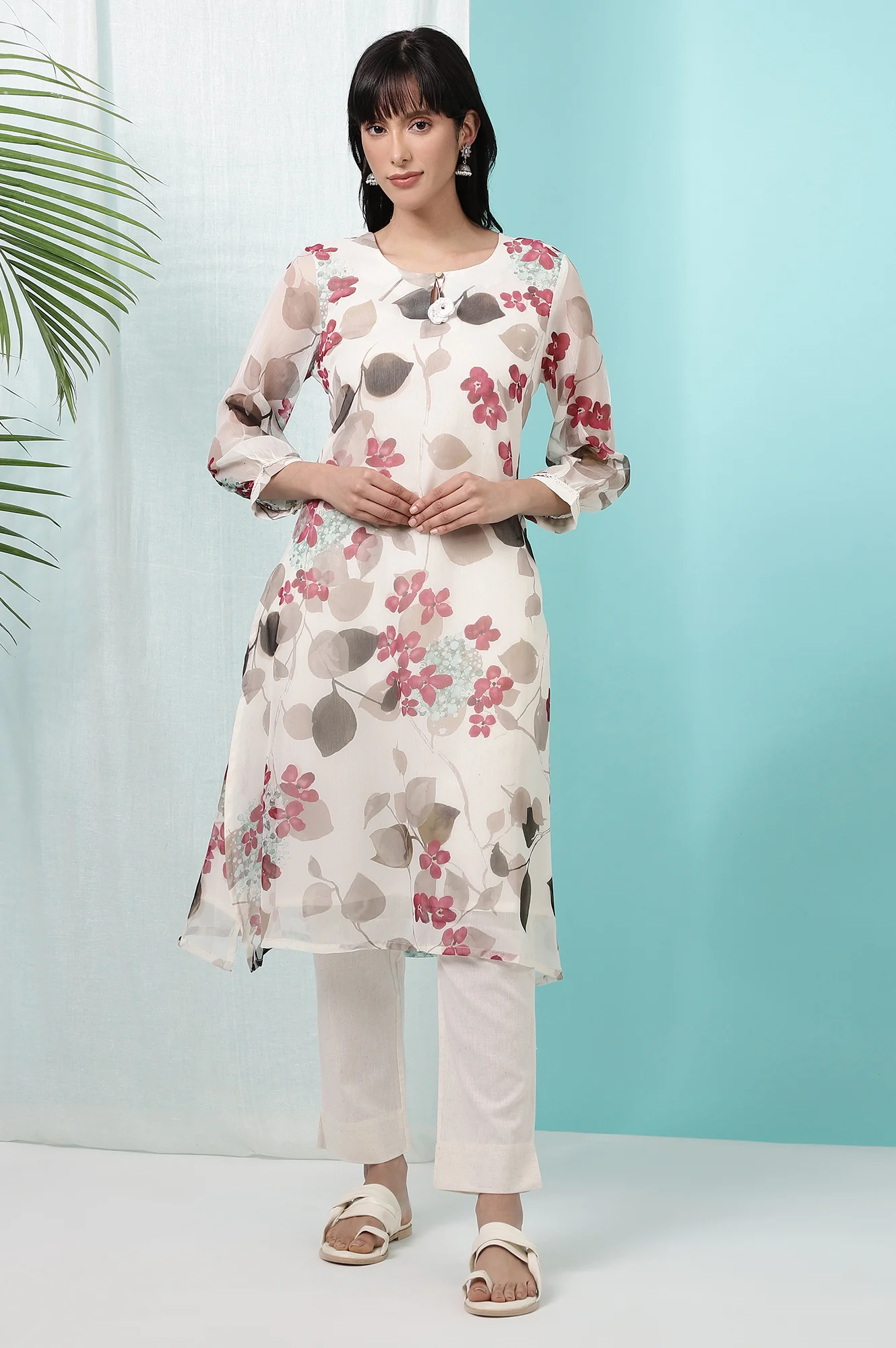 Off-White Floral Printed Chiffon Straight Kurta with Lace - Image 3