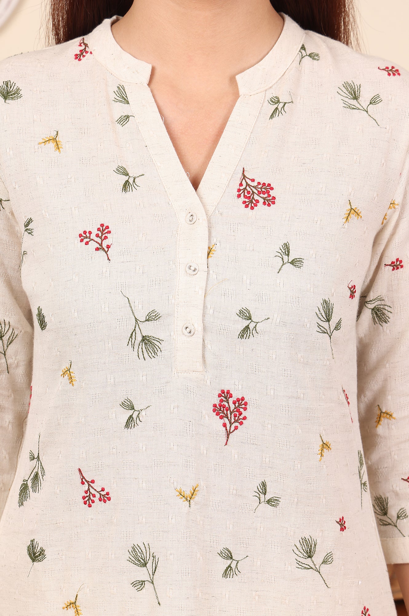 Off White Floral Printed Cotton Flax Straight Kurta - Image 3