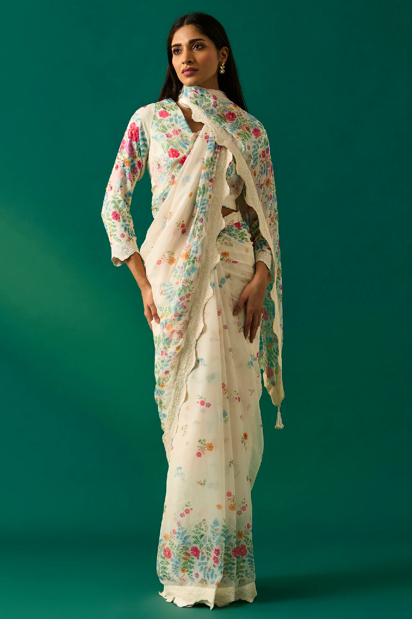 Off-White Floral Printed Embroidered Georgette Saree with Unstitched Blouse