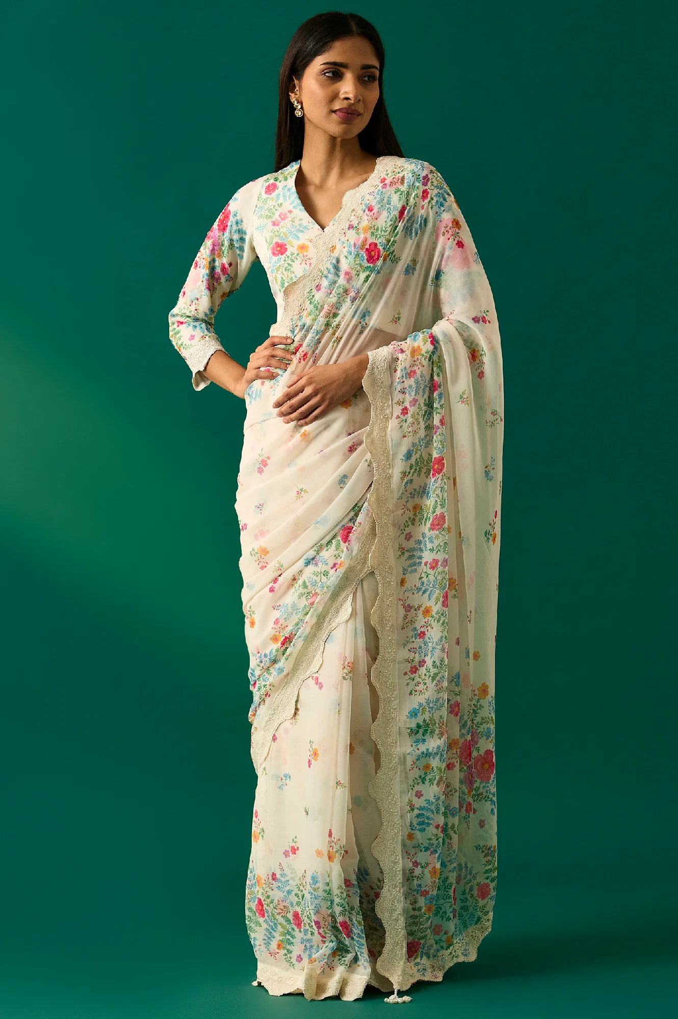 Off-White Floral Printed Embroidered Georgette Saree with Unstitched Blouse - Image 2