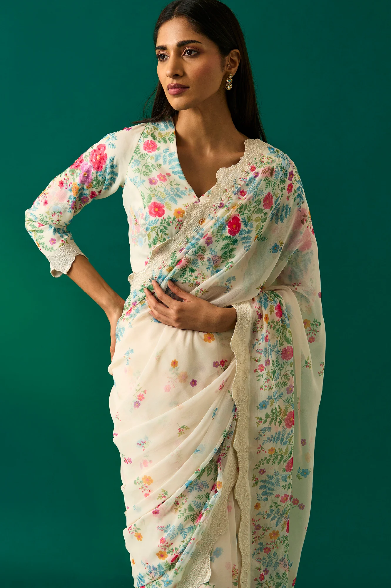 Off-White Floral Printed Embroidered Georgette Saree with Unstitched Blouse - Image 3