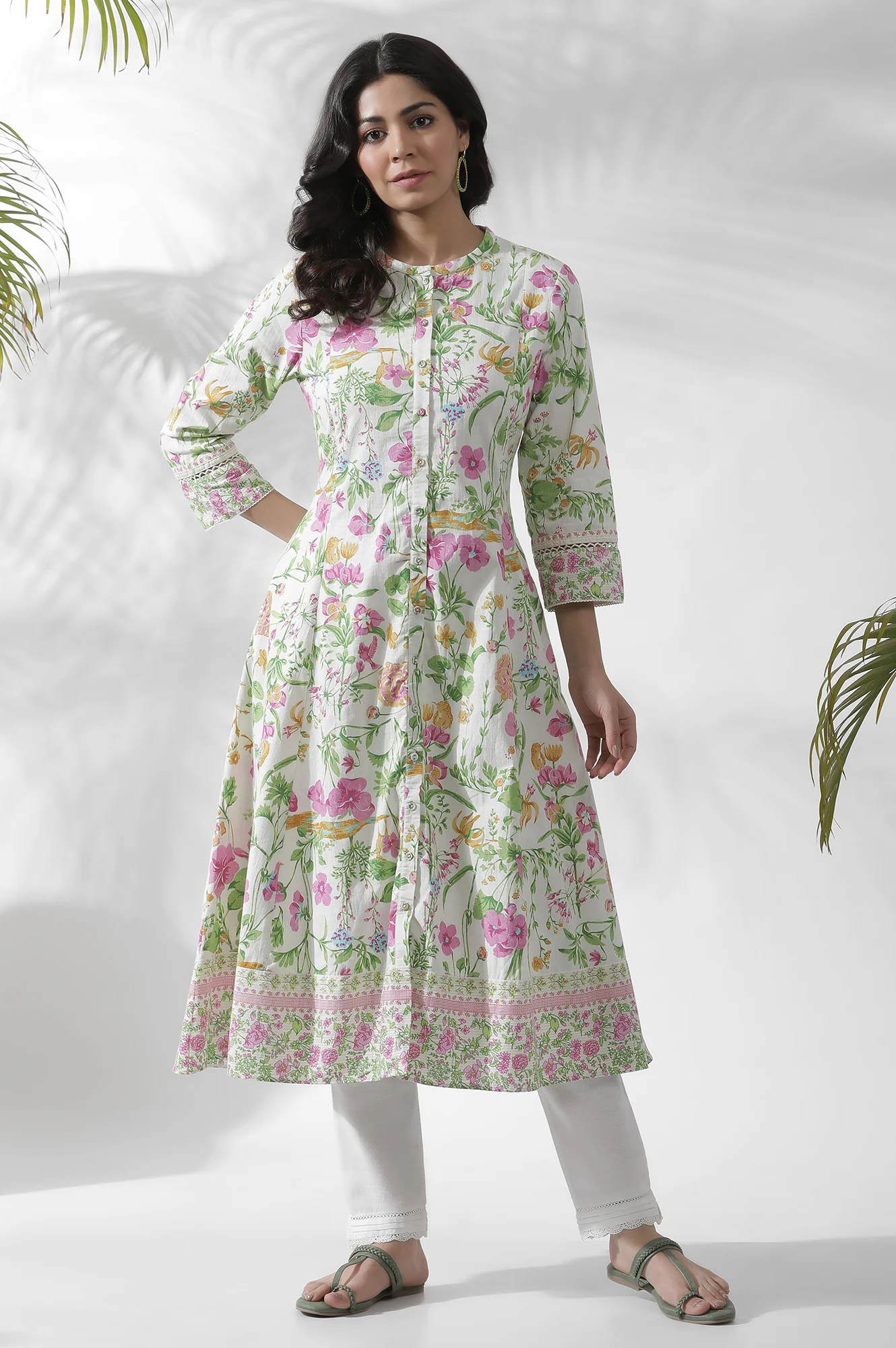 Off-White Floral Printed Flared Kurta - Image 2