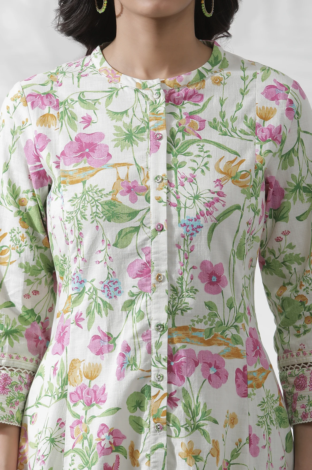 Off-White Floral Printed Flared Kurta - Image 6