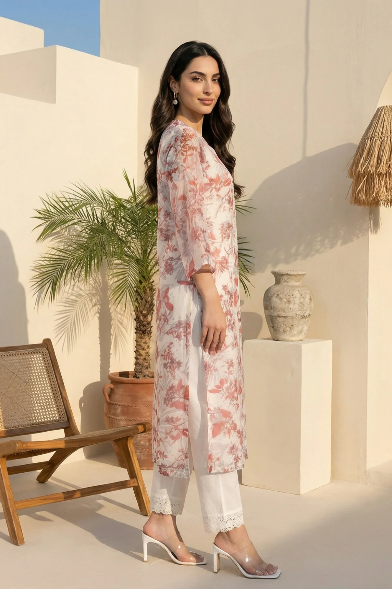 Off White Floral Printed Organza Straight Kurta - Image 6