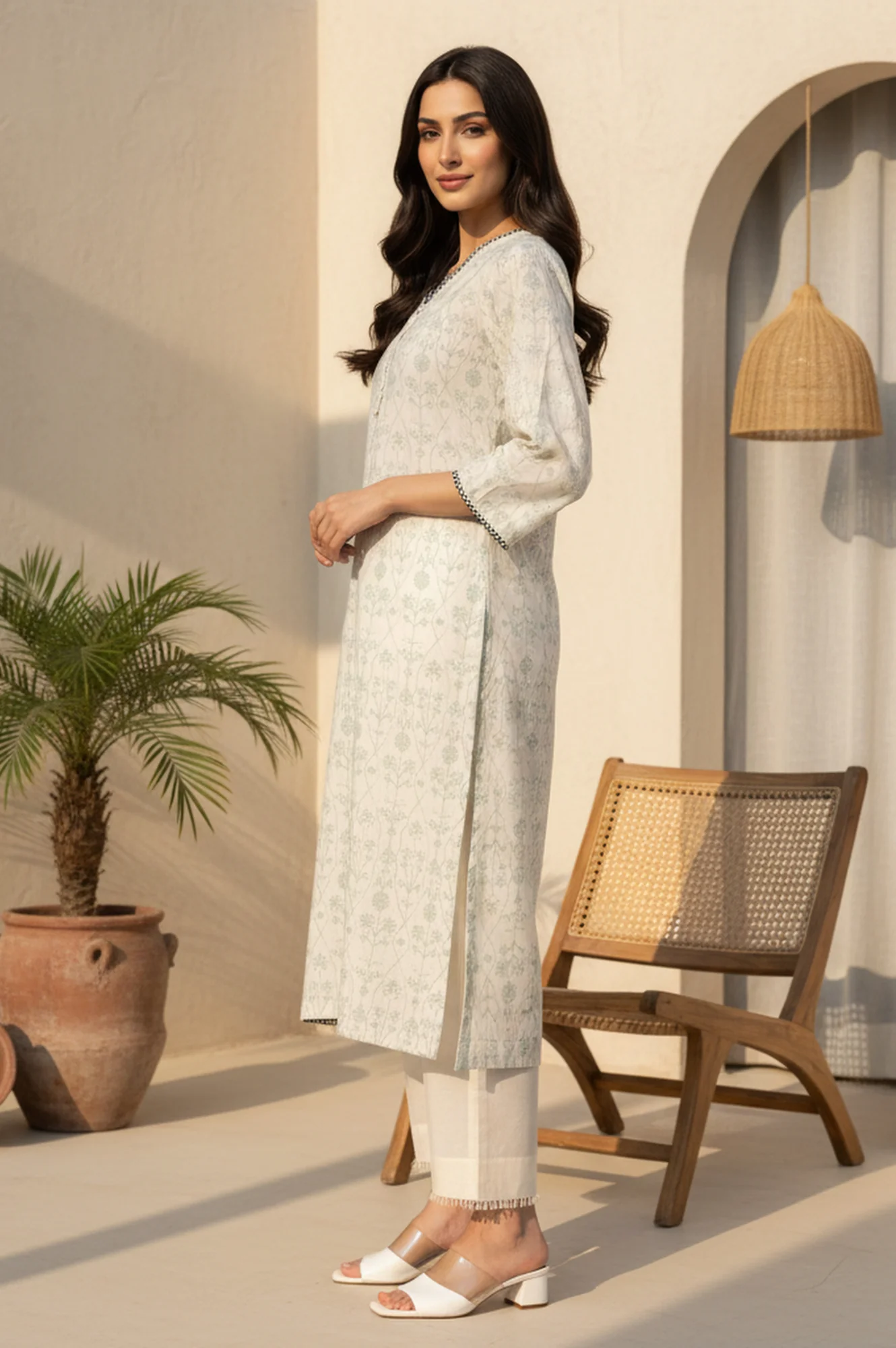 Off White Floral Printed Piping Detail Pure Cotton Straight Kurta - Image 2