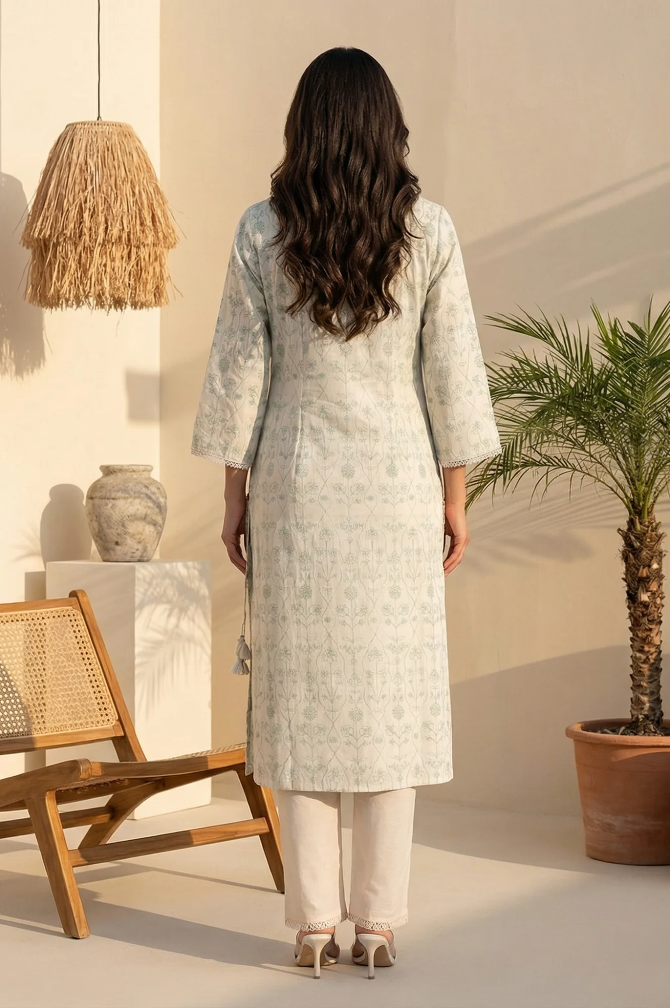 Off White Floral Printed Piping Detail Pure Cotton Straight Kurta - Image 3