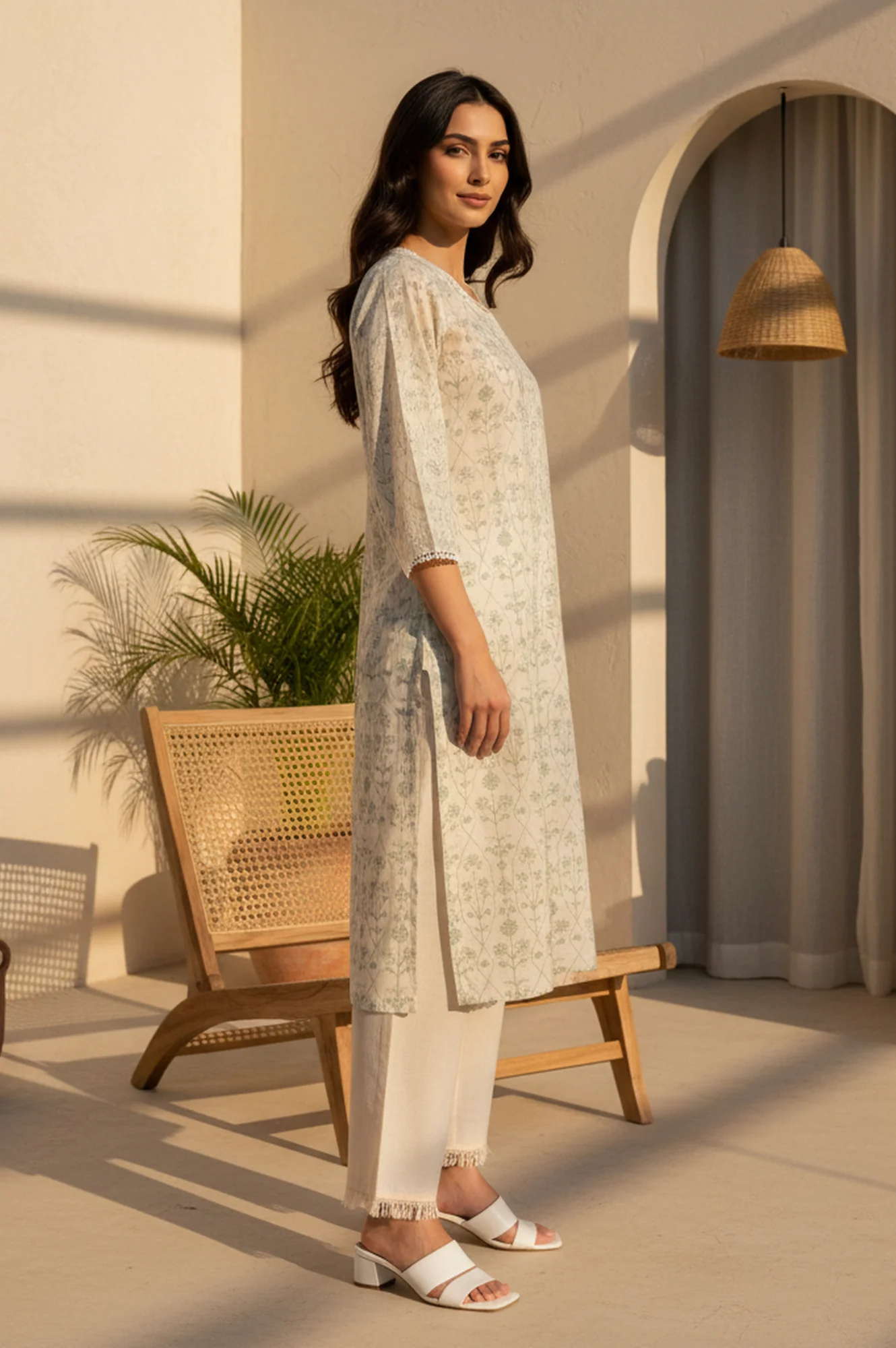 Off White Floral Printed Piping Detail Pure Cotton Straight Kurta - Image 4