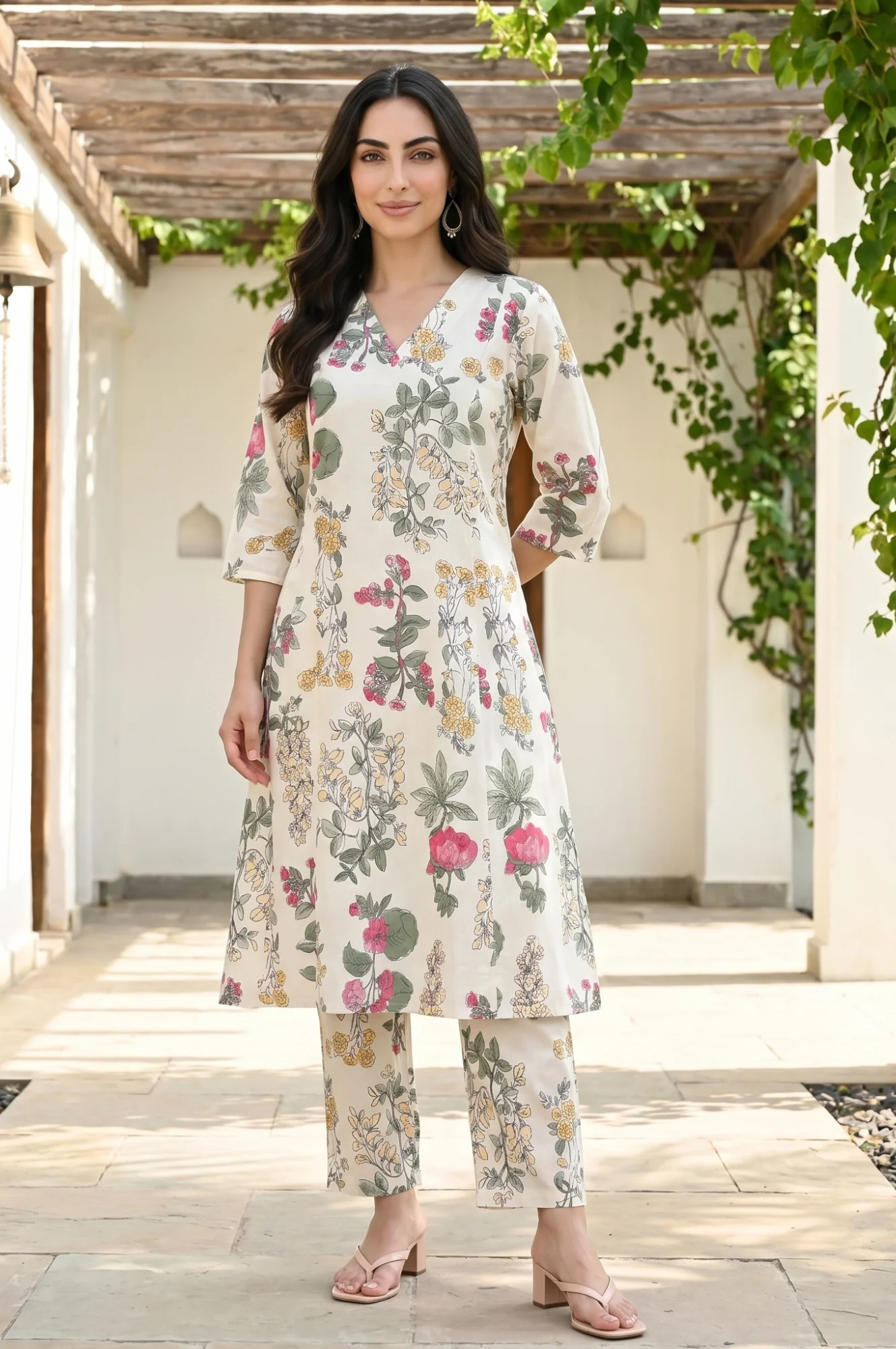 Off White Floral Printed Pure Cotton A-line Kurta