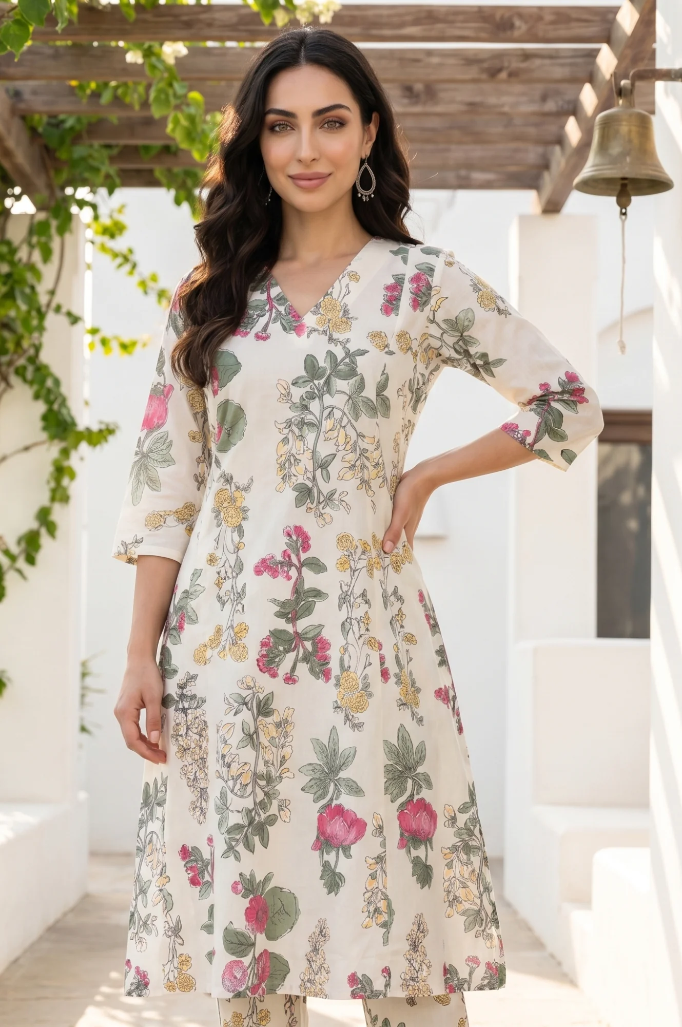 Off White Floral Printed Pure Cotton A-line Kurta - Image 2