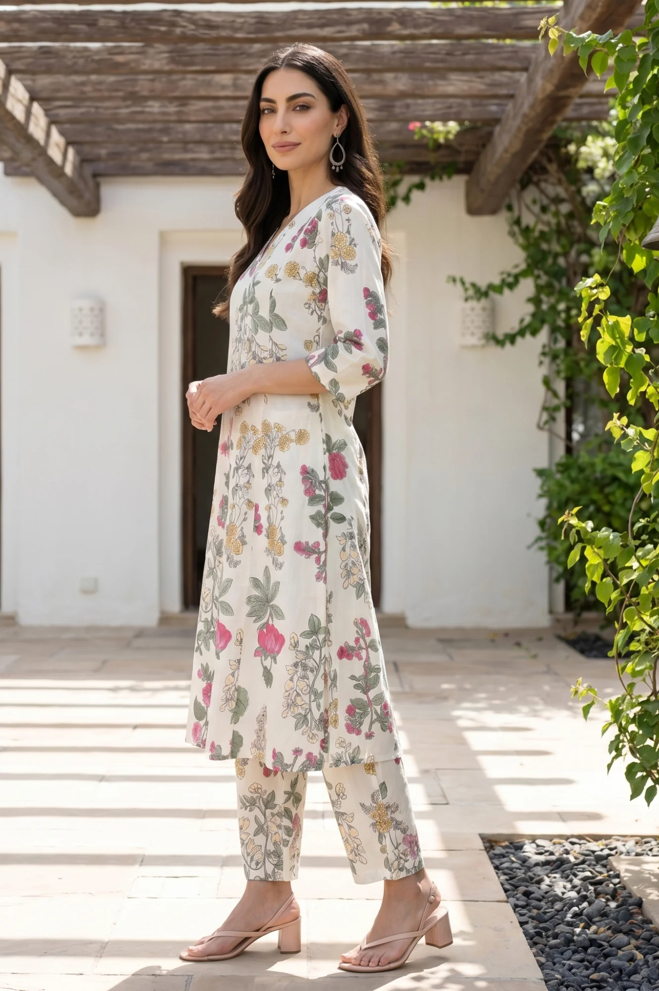 Off White Floral Printed Pure Cotton A-line Kurta - Image 4