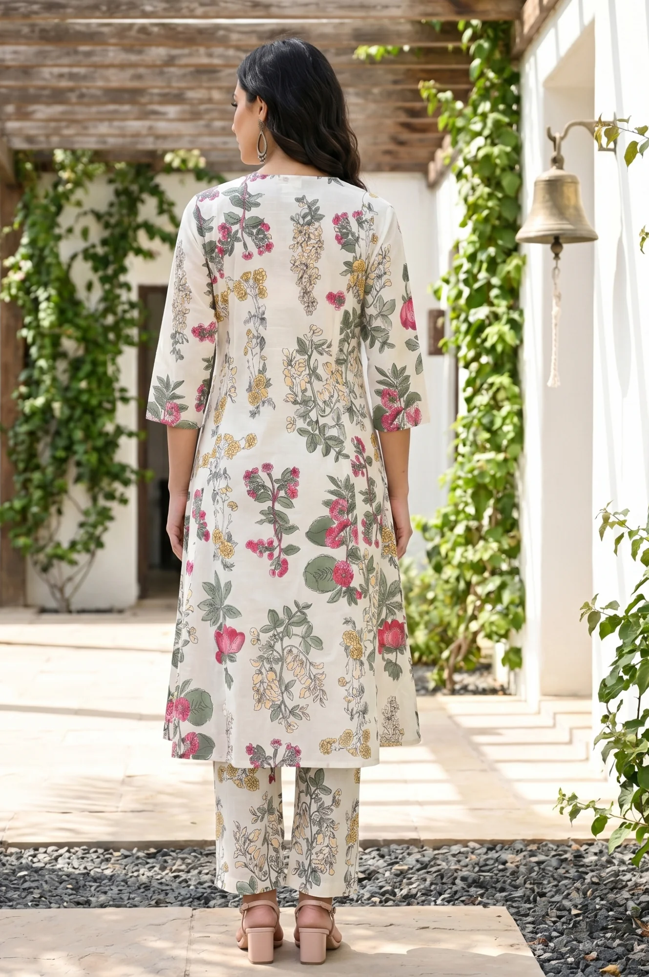 Off White Floral Printed Pure Cotton A-line Kurta - Image 5