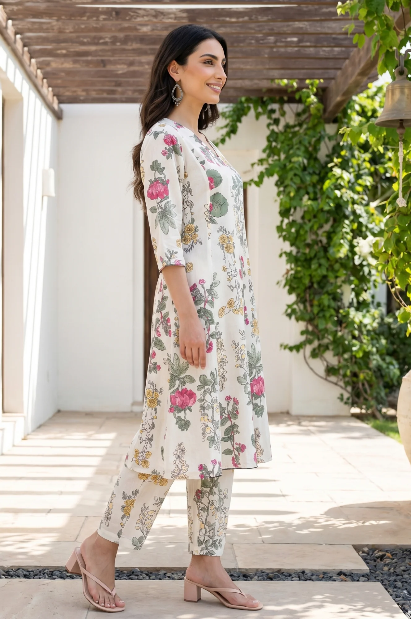 Off White Floral Printed Pure Cotton A-line Kurta - Image 6