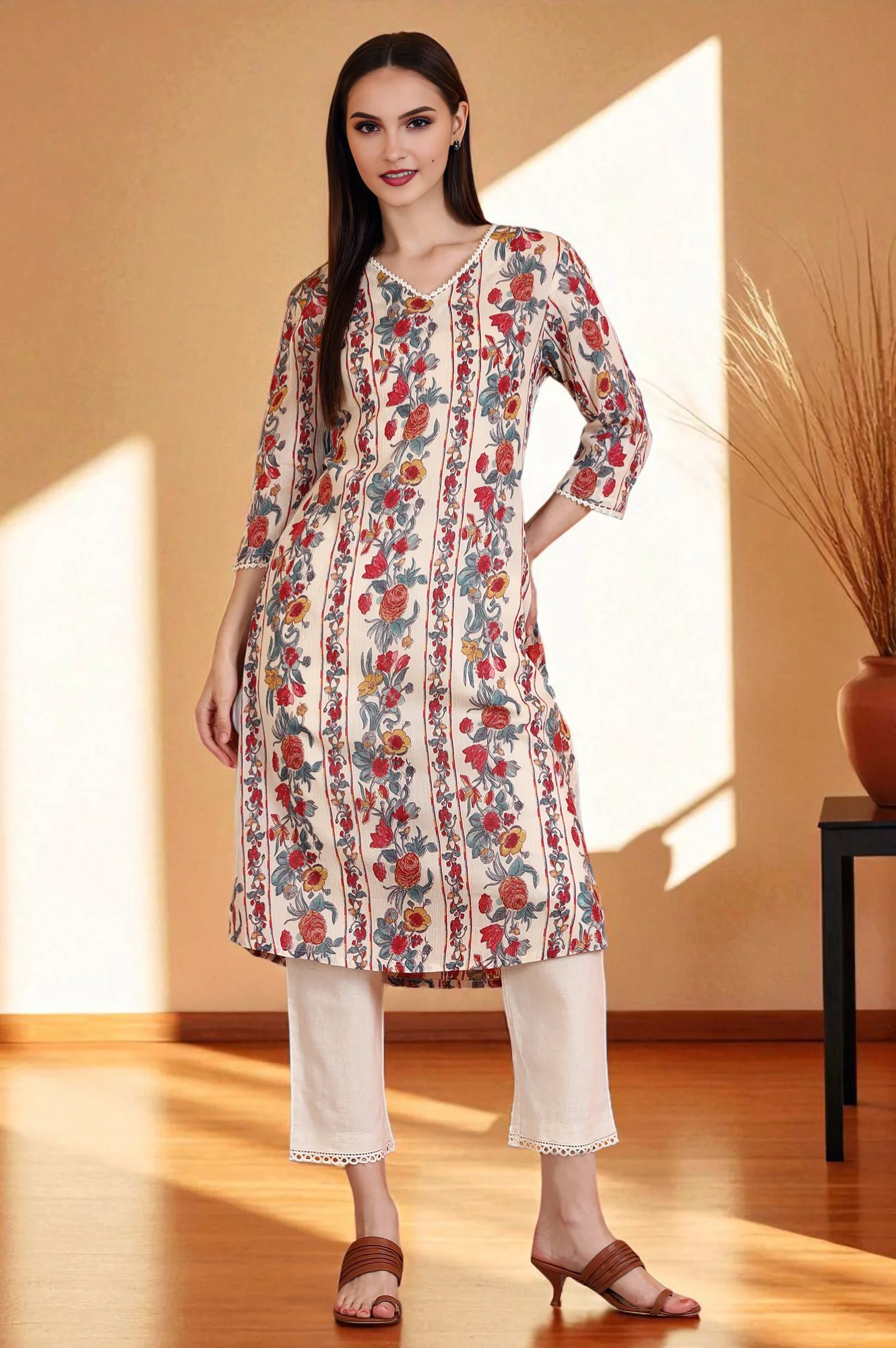 Off-White Floral Printed Pure Cotton Crepe Straight Kurta with Lace