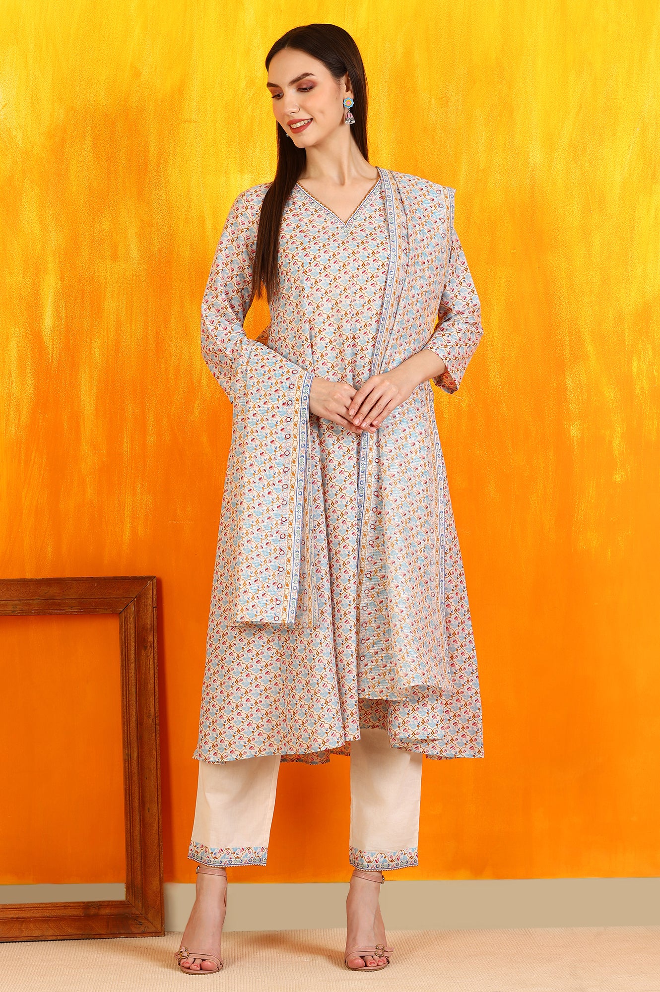 Off-White Floral Printed Pure Cotton Flared Kurta, Pants and Dupatta Set - Image 3