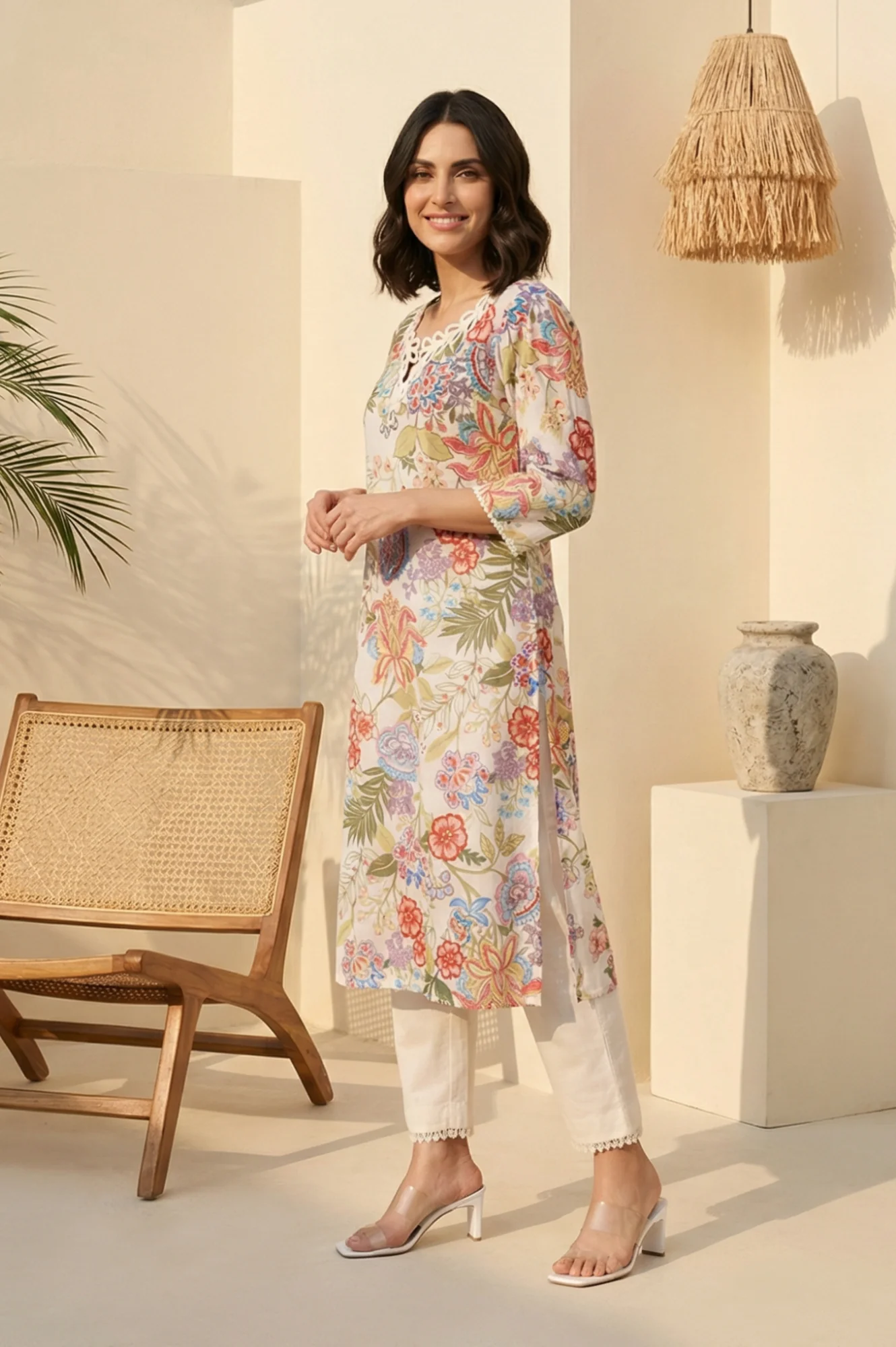 Off White Floral Printed Pure Cotton Straight Kurta with Lace - Image 3
