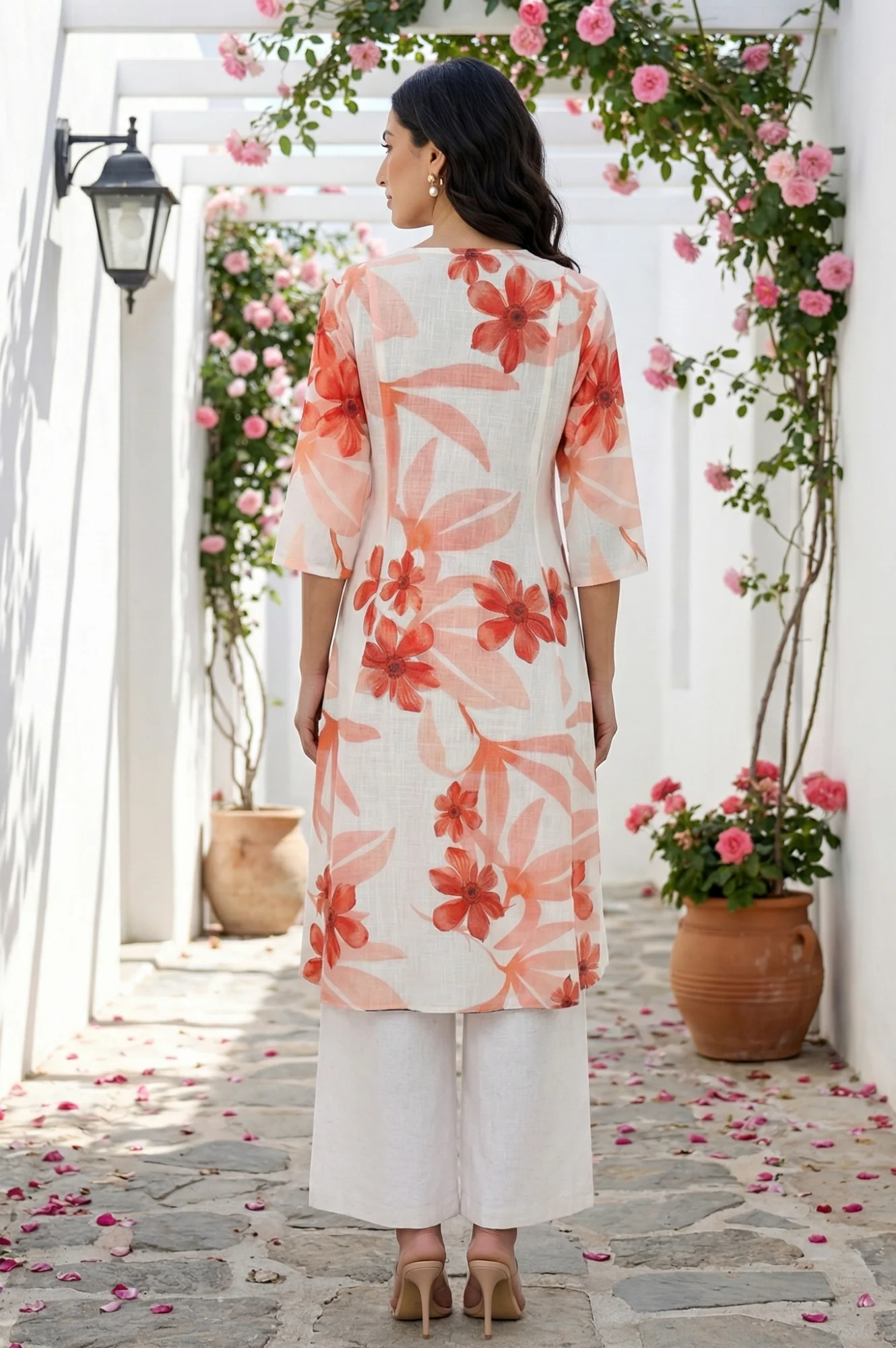 Off White Floral Printed Pure Cotton A-line Kurta with Pants Co-ord Set - Image 5