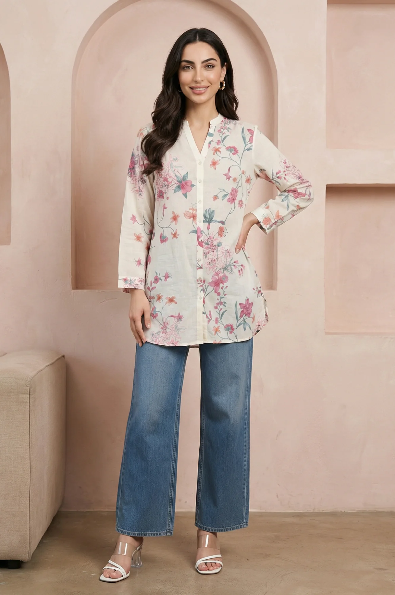 Off White Floral Printed Pure Cotton Straight Tunic - Image 3