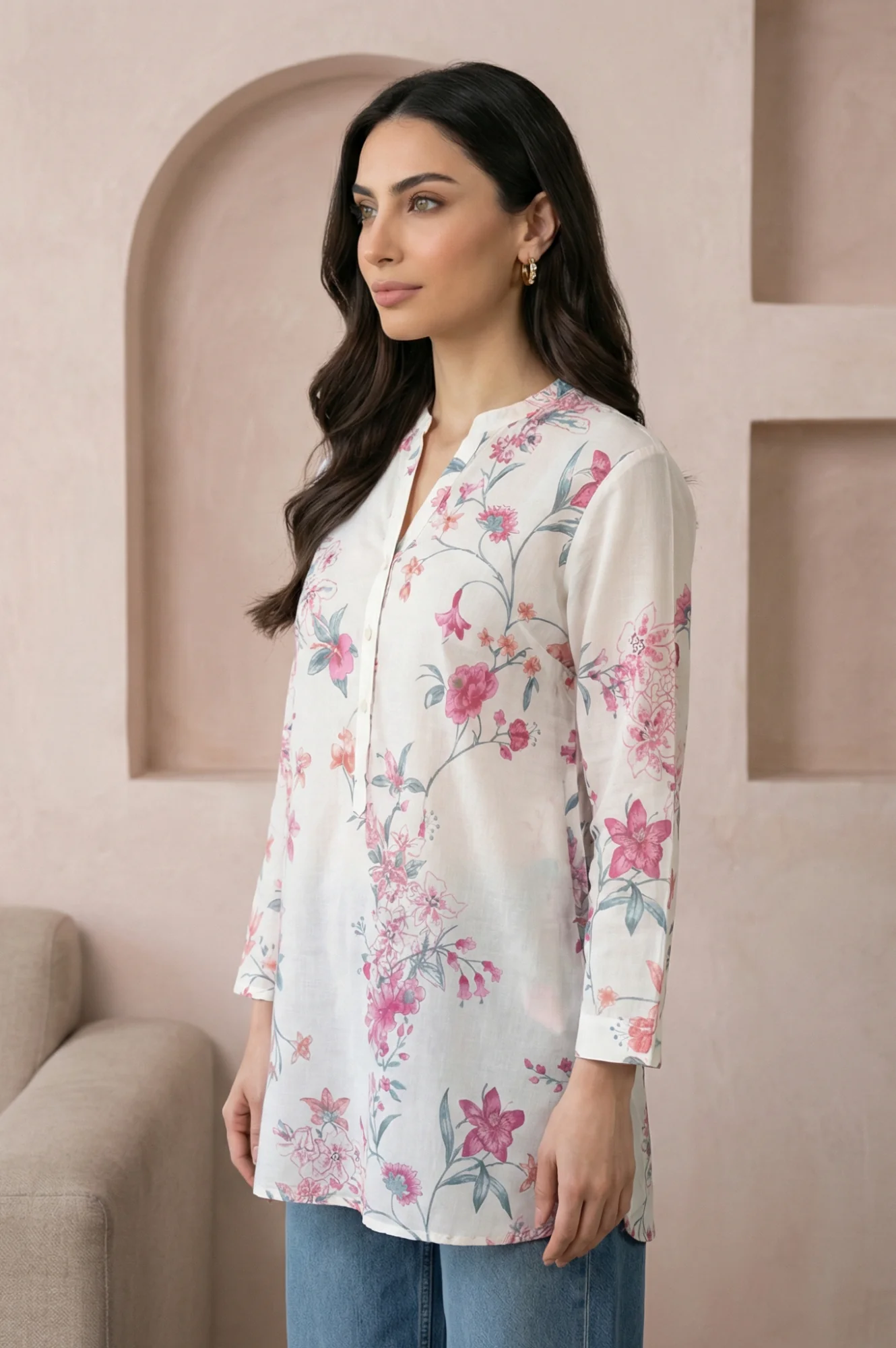 Off White Floral Printed Pure Cotton Straight Tunic - Image 4