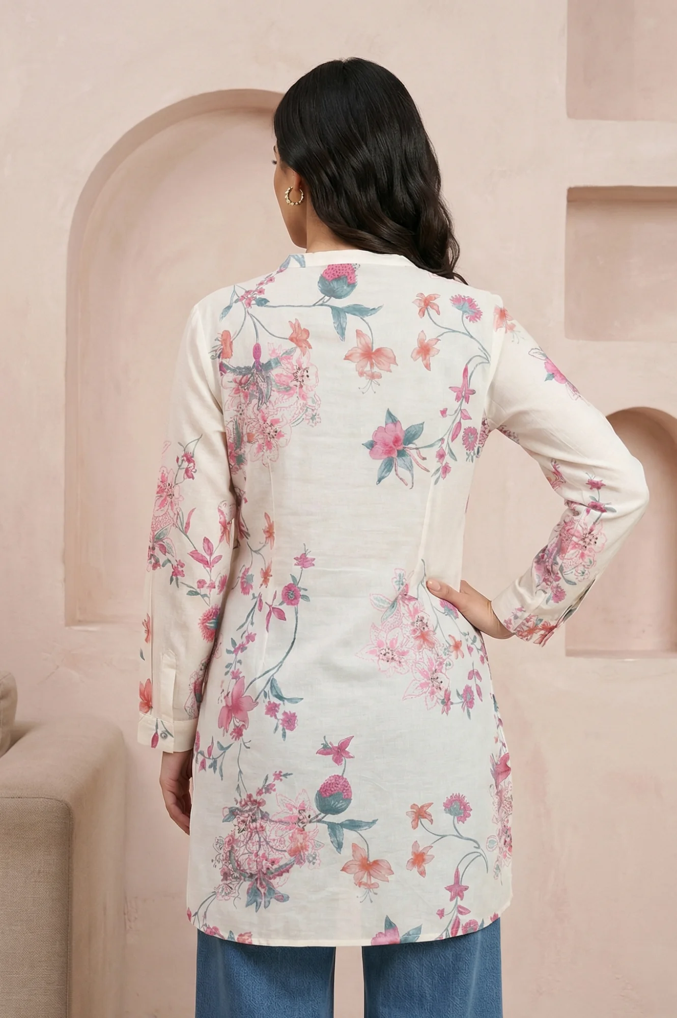 Off White Floral Printed Pure Cotton Straight Tunic - Image 5
