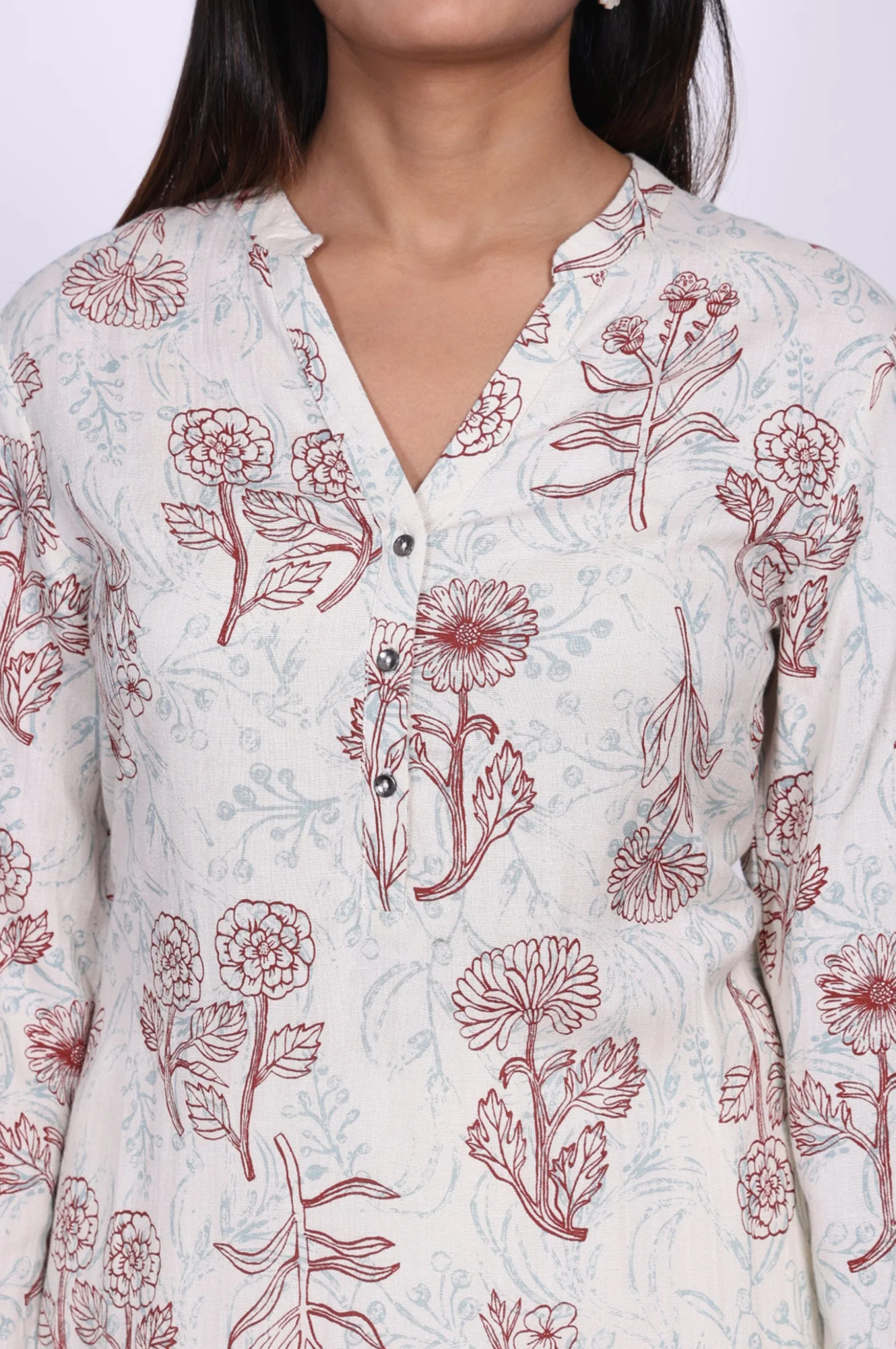 Off White Floral Printed Rayon Straight Kurta - Image 2