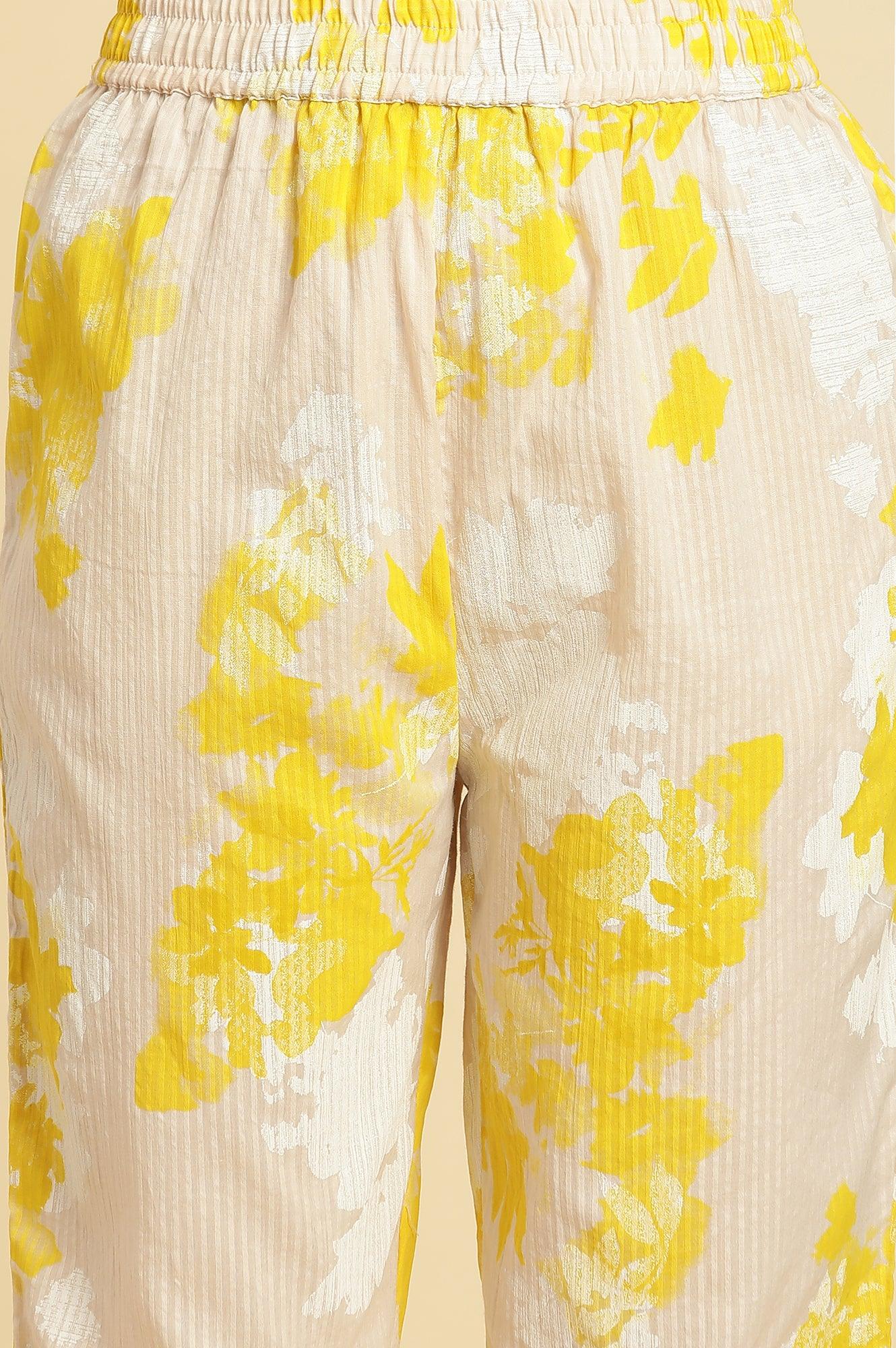 Off White Floral Printed Textured Cotton Kurta and Pants Set - Image 8