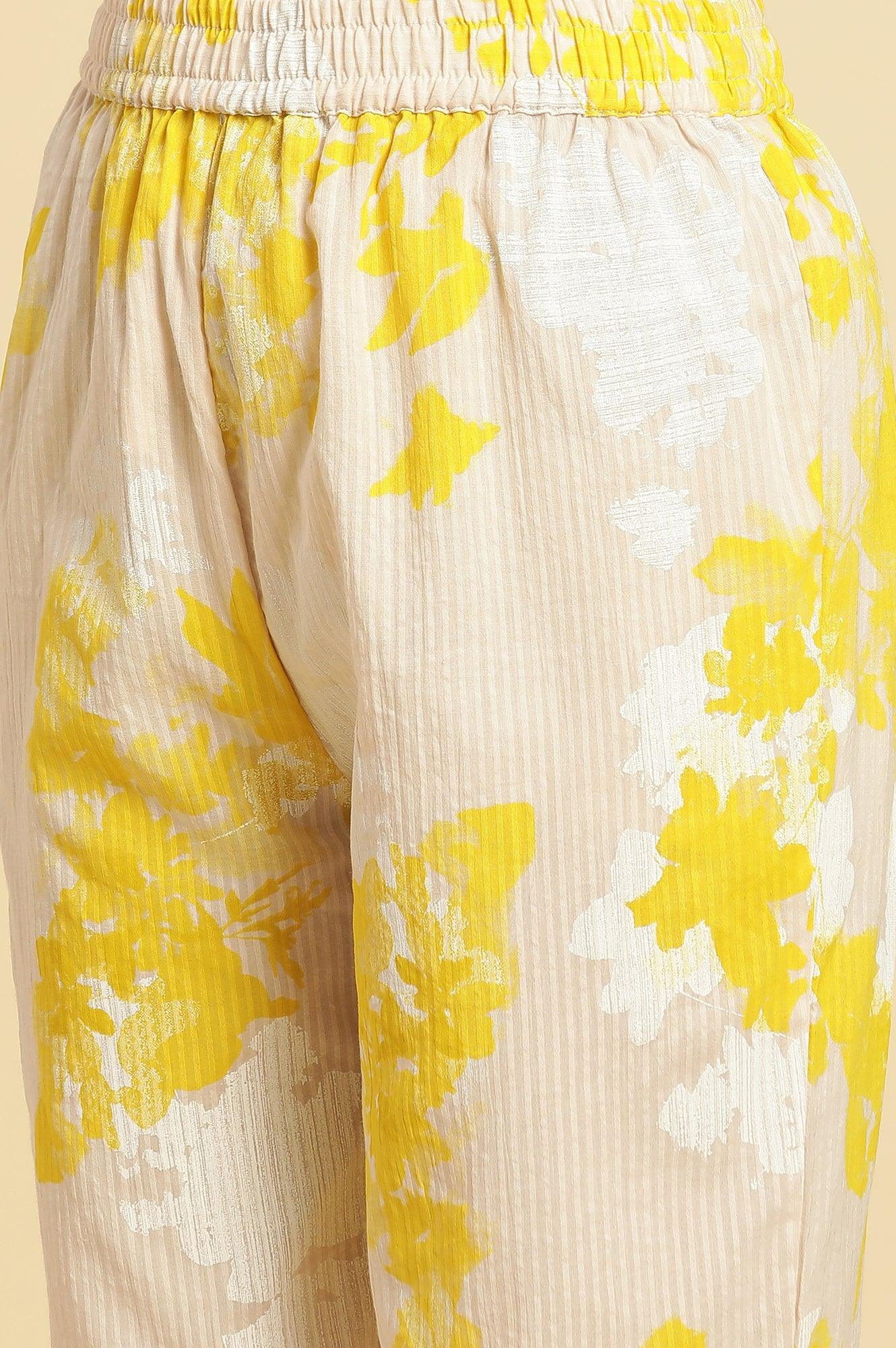 Off White Floral Printed Textured Cotton Kurta and Pants Set - Image 9