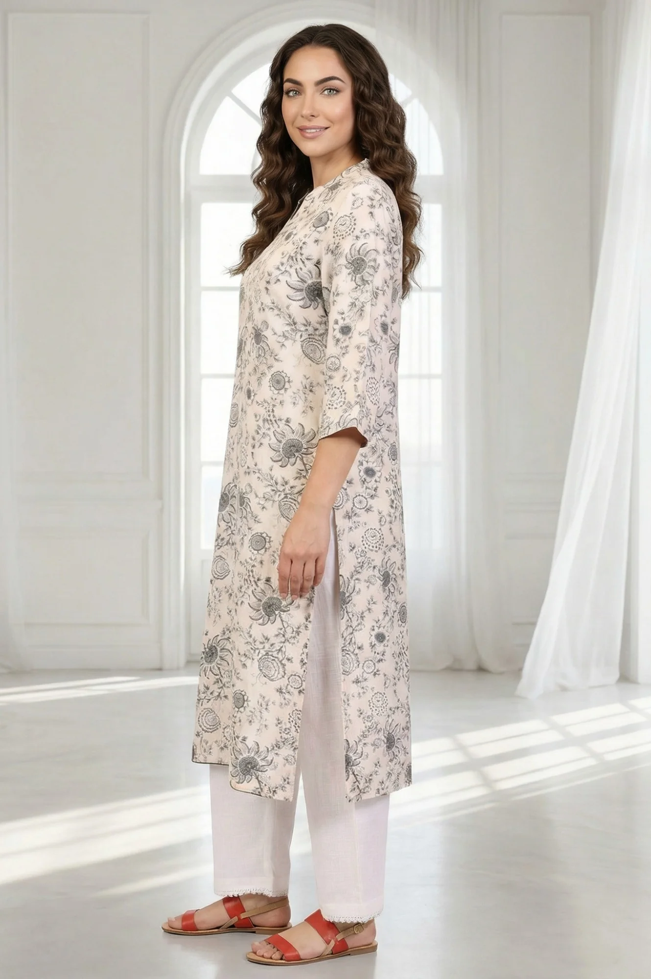 Off-White Floral Printed Straight Kurta - Image 3