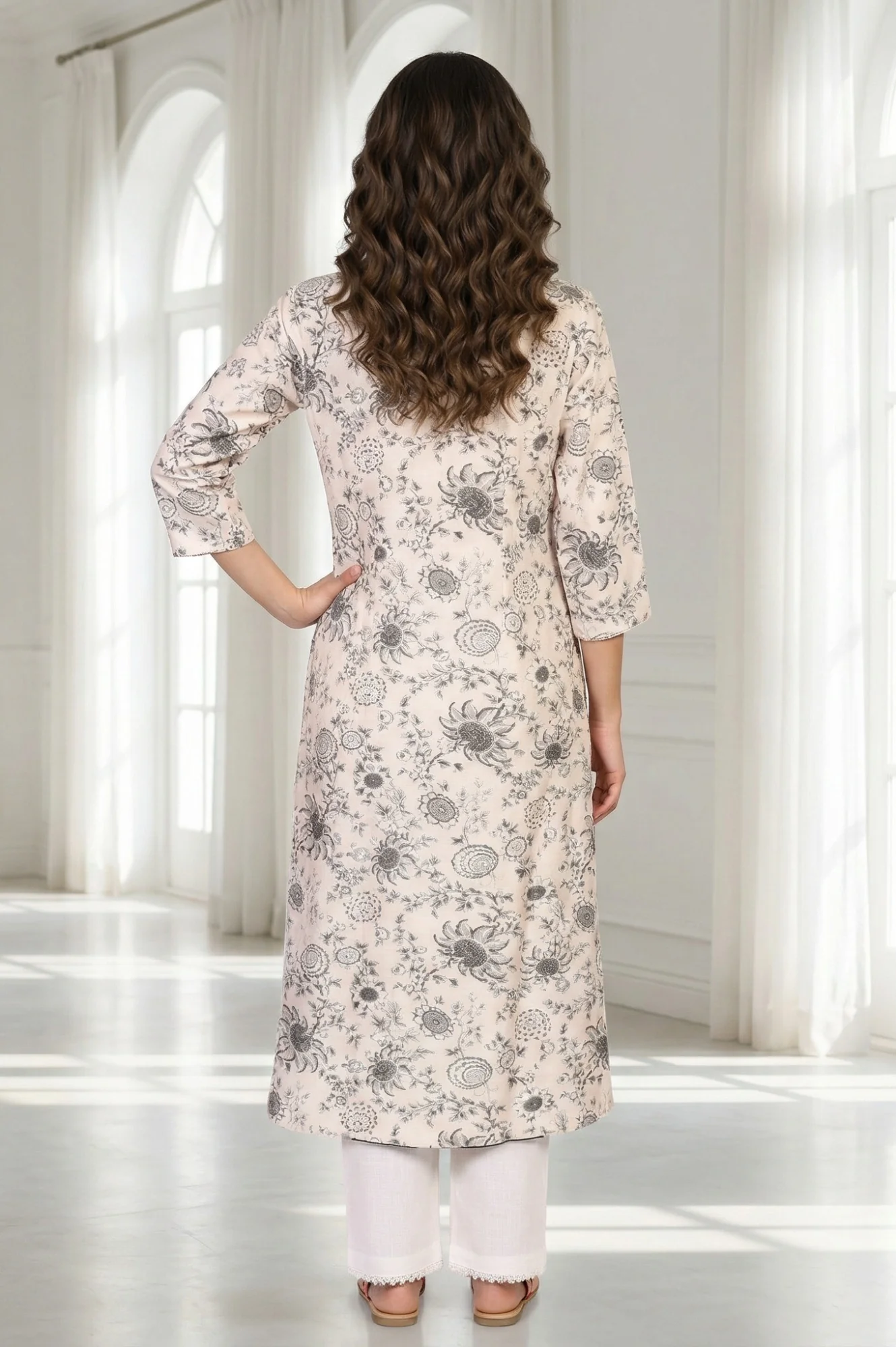 Off-White Floral Printed Straight Kurta - Image 4