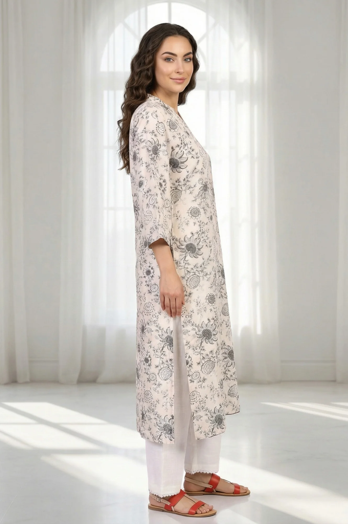 Off-White Floral Printed Straight Kurta - Image 5