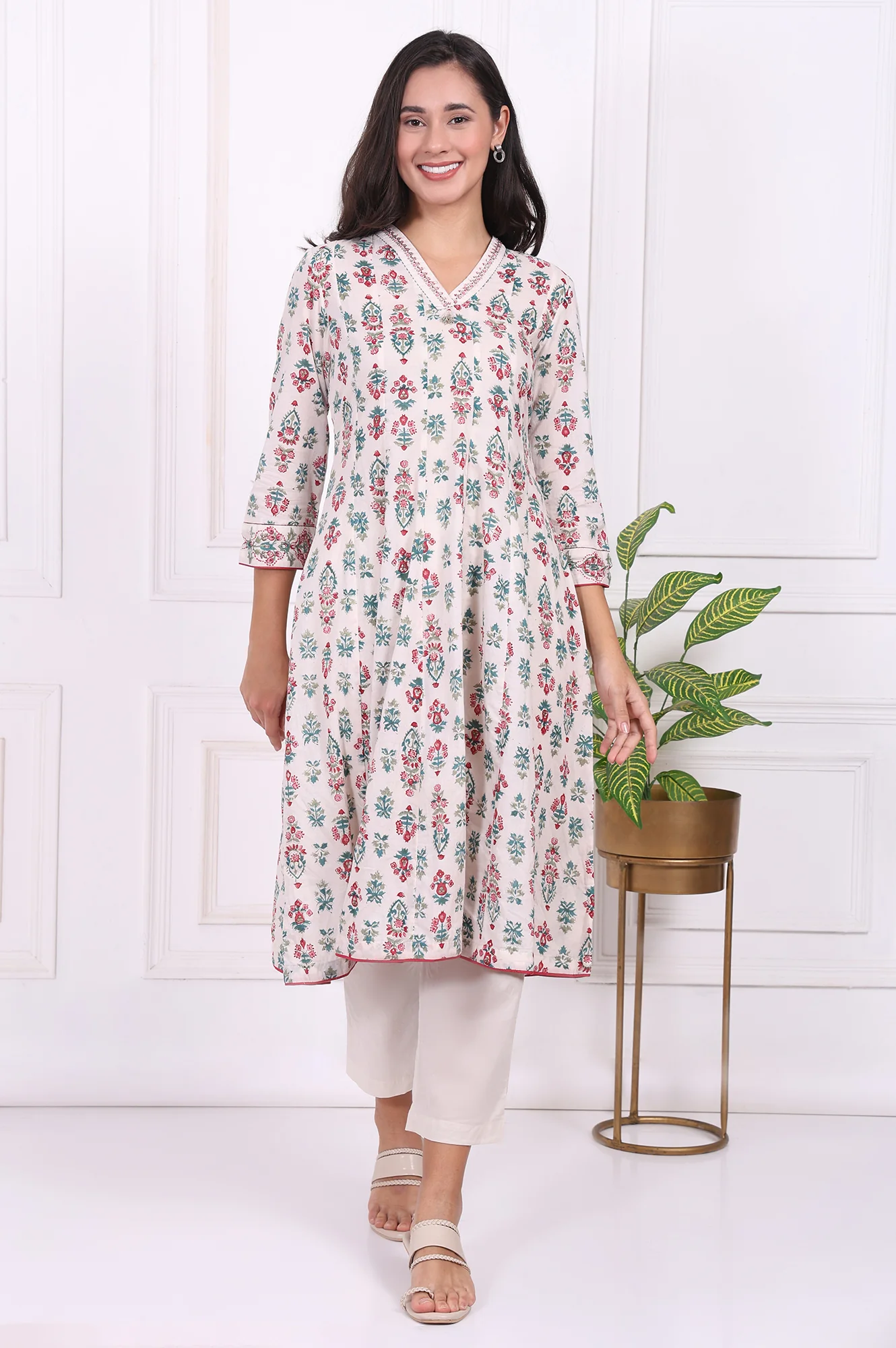 Off-White Floral Printed Thread Embroidered Pure Cotton Flared A-line Kurta - Image 2