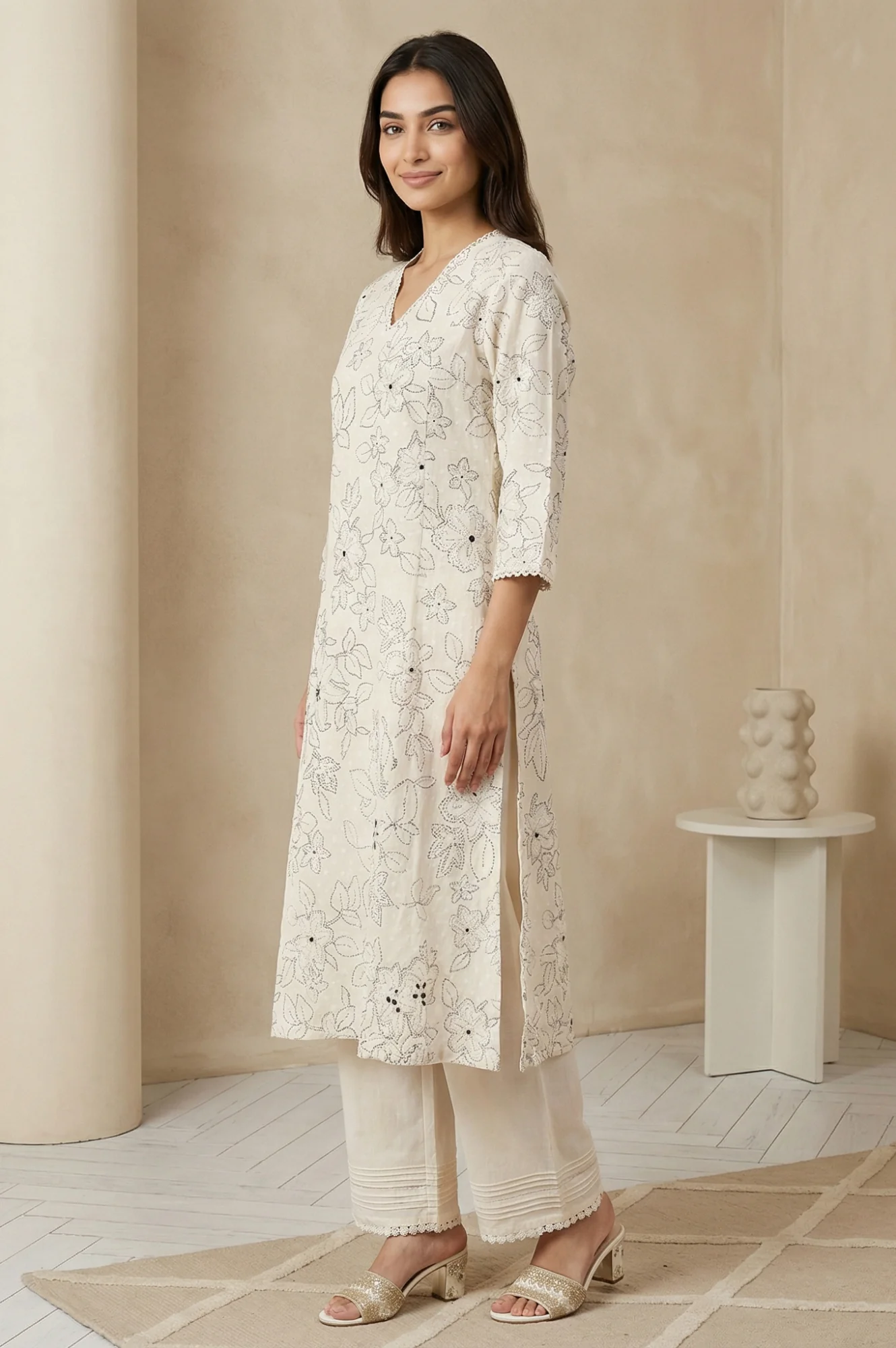 Off White Floral Printed Thread Work Pure Cotton Straight Kurta with Pants Set - Image 3