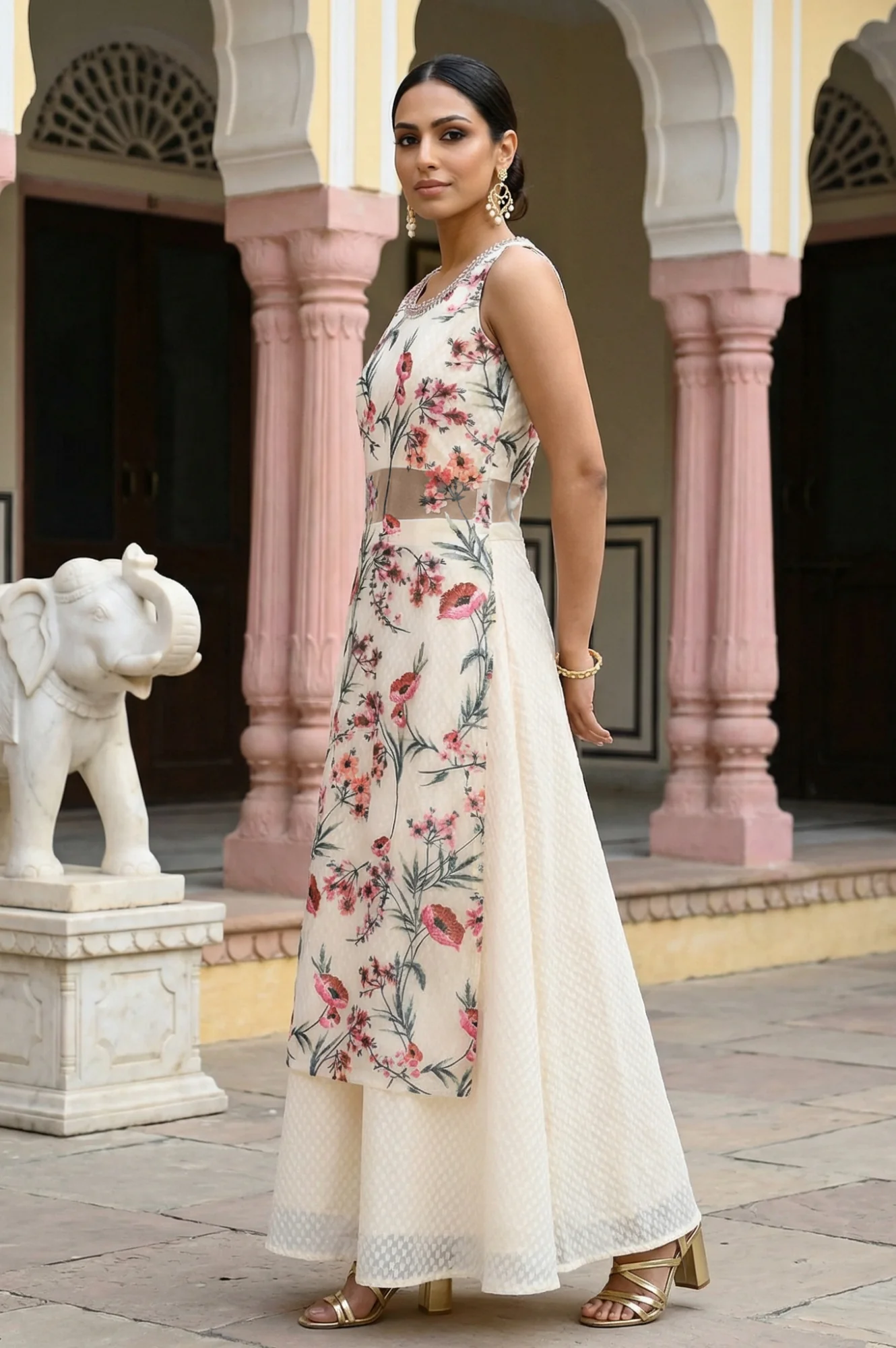 Off White Floral Thread Embroidered Mesh Sleeveless Straight Kurta with Skirt Set - Image 3