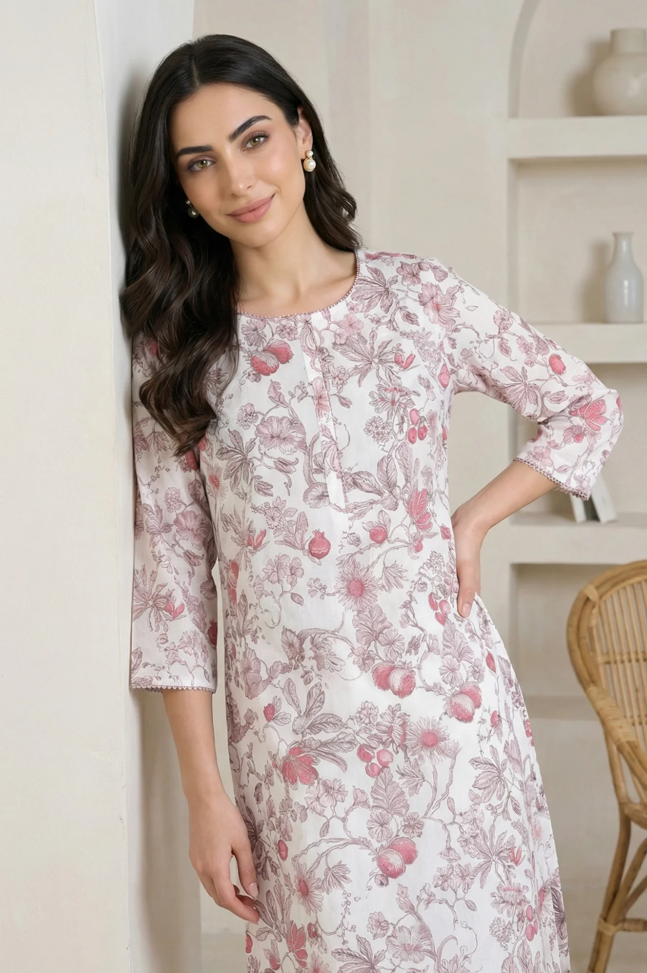 Off White FloralPrinted Rayon Straight Kurta with Lace - Image 3