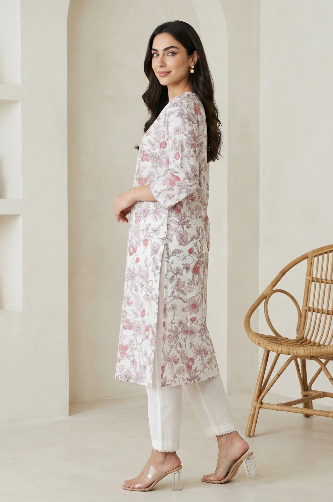 Off White FloralPrinted Rayon Straight Kurta with Lace - Image 4
