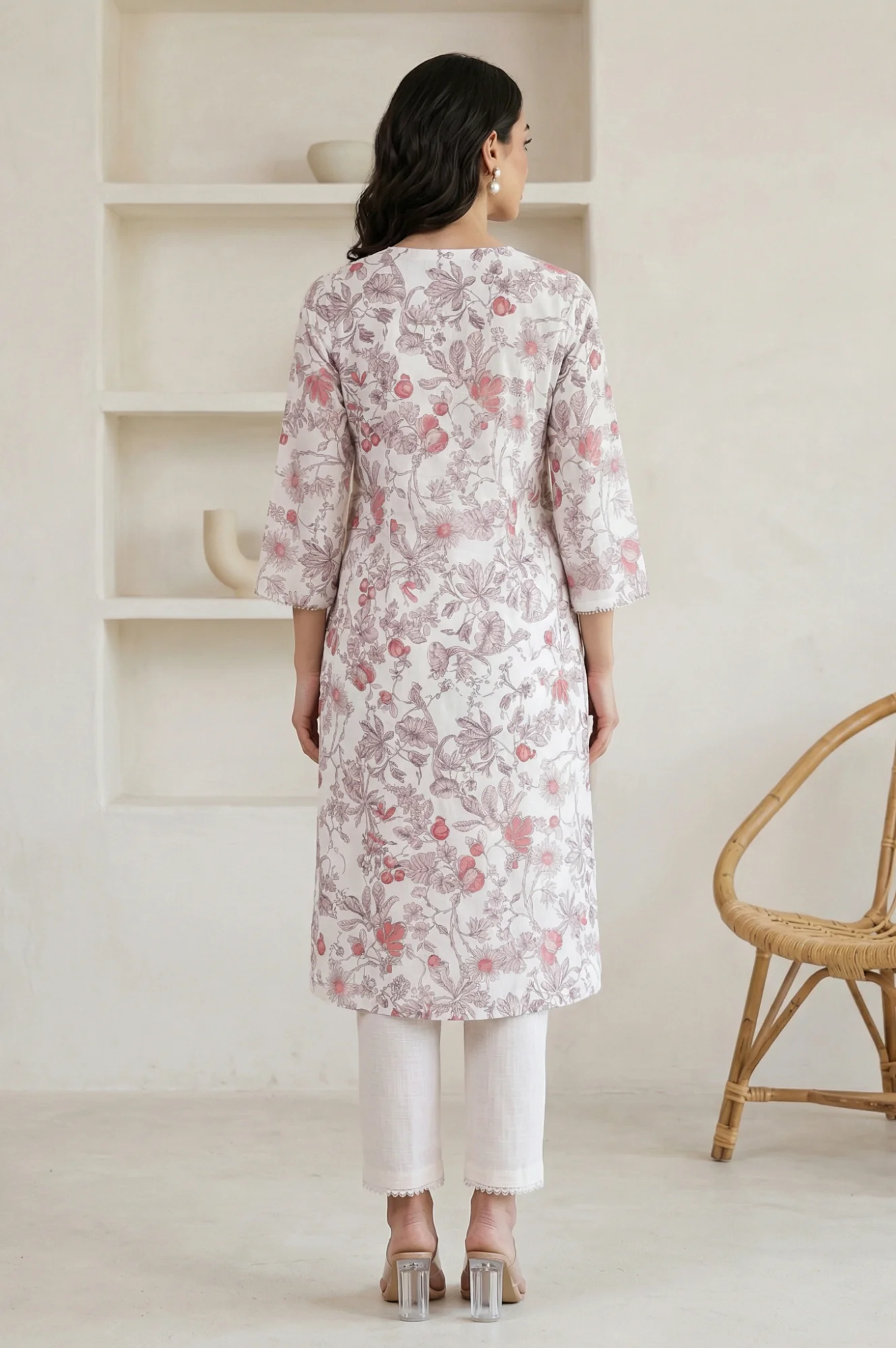Off White FloralPrinted Rayon Straight Kurta with Lace - Image 5