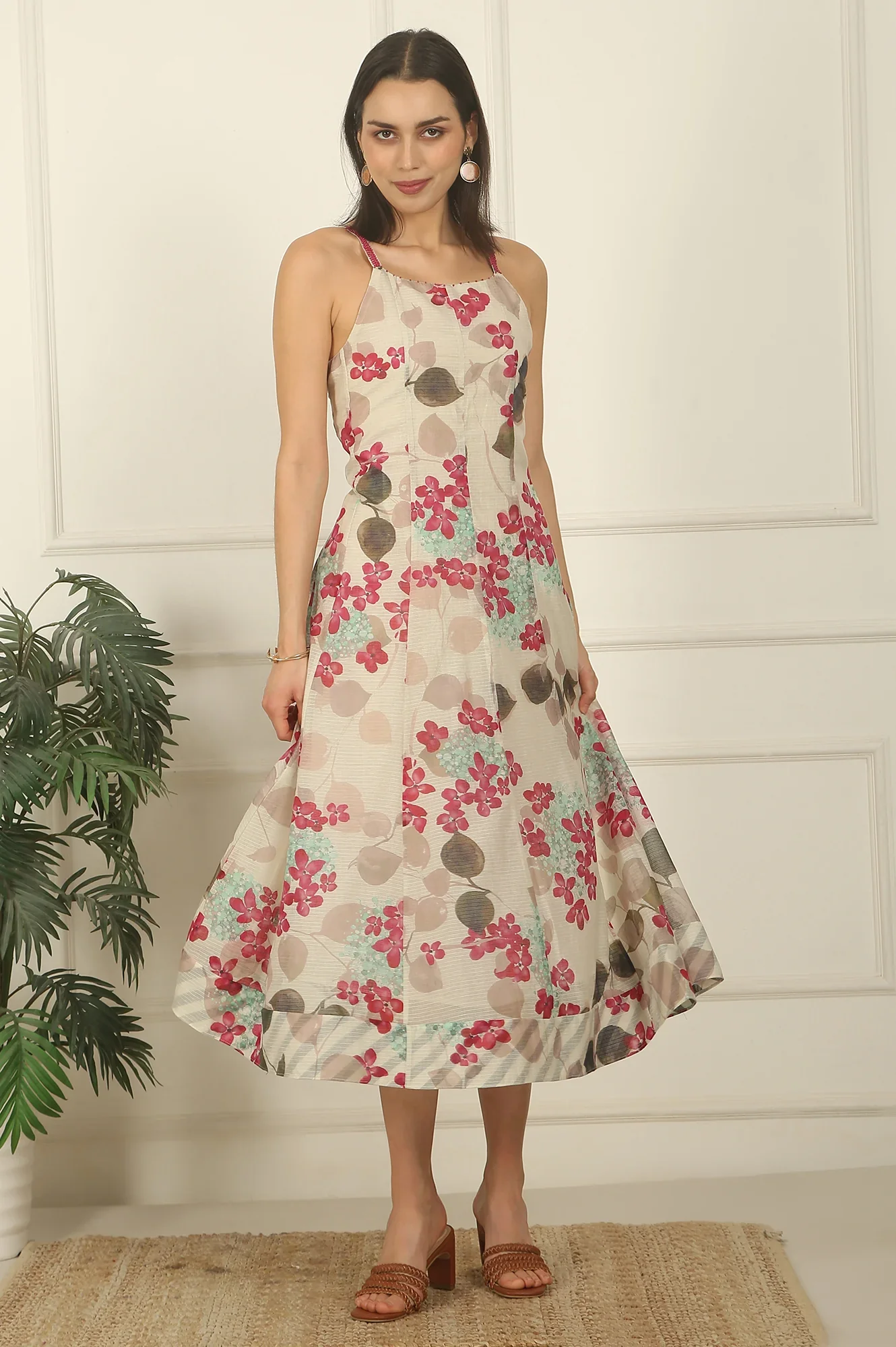 Off-White Foral Printed Cotton Kota Flared Spaghetti Dress - Image 3