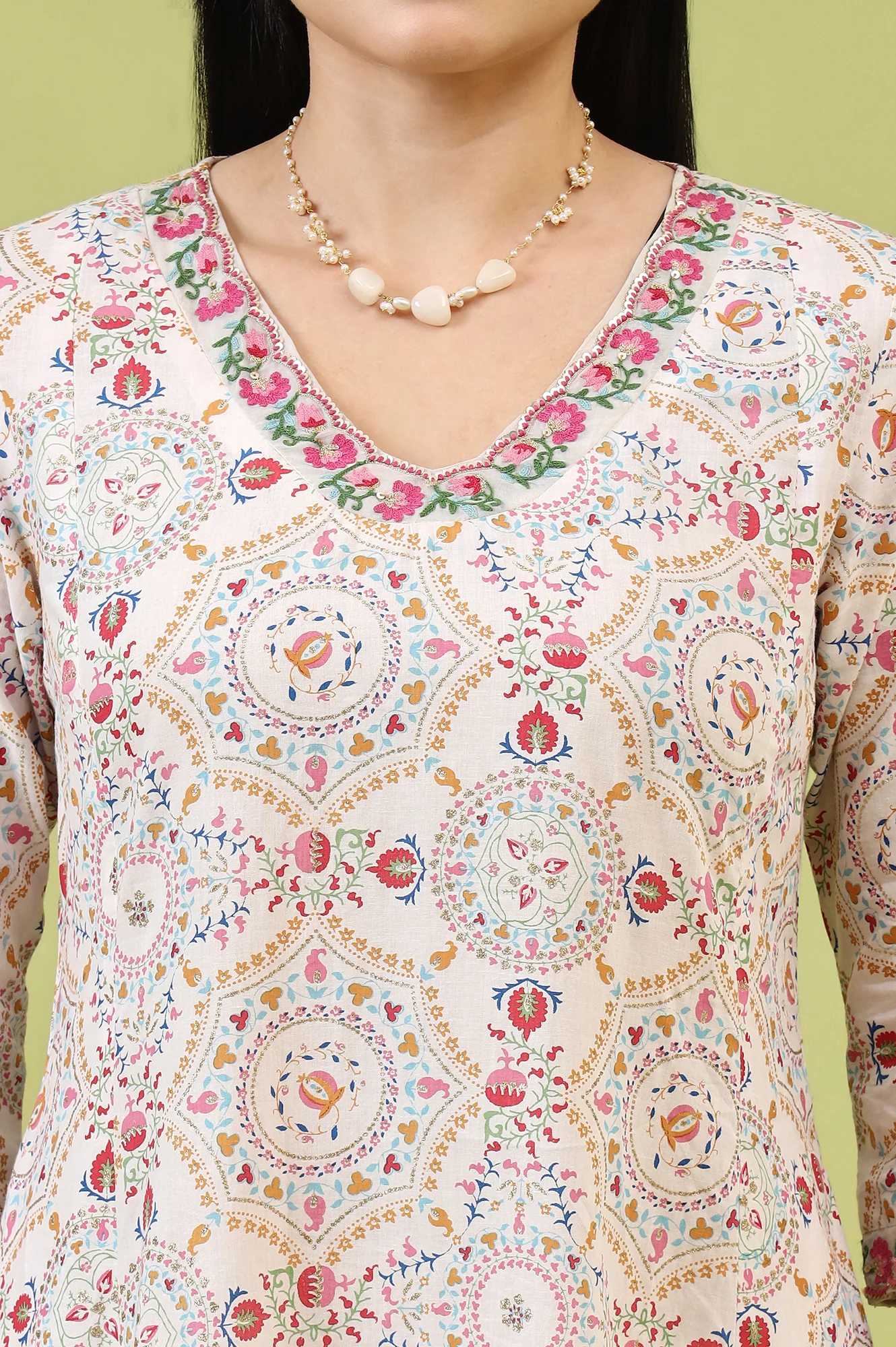 Off-White Geometric Floral Printed Pure Cotton Flared Kurta - Image 3