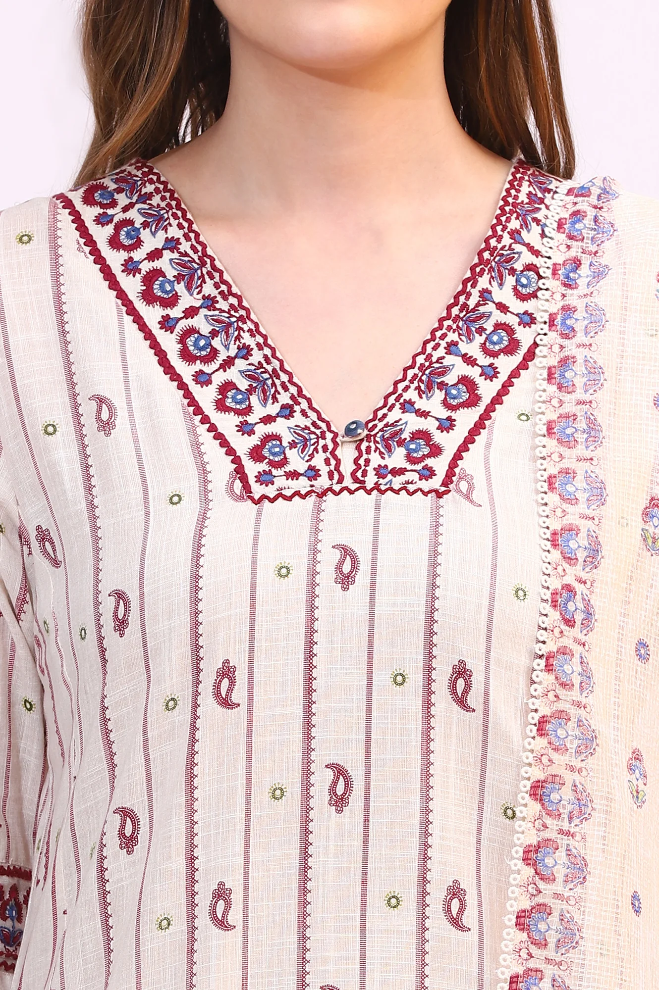 Off-White Paisley Printed Pure Cotton Straight Kurta, Pants and Dupatta Set - Image 4