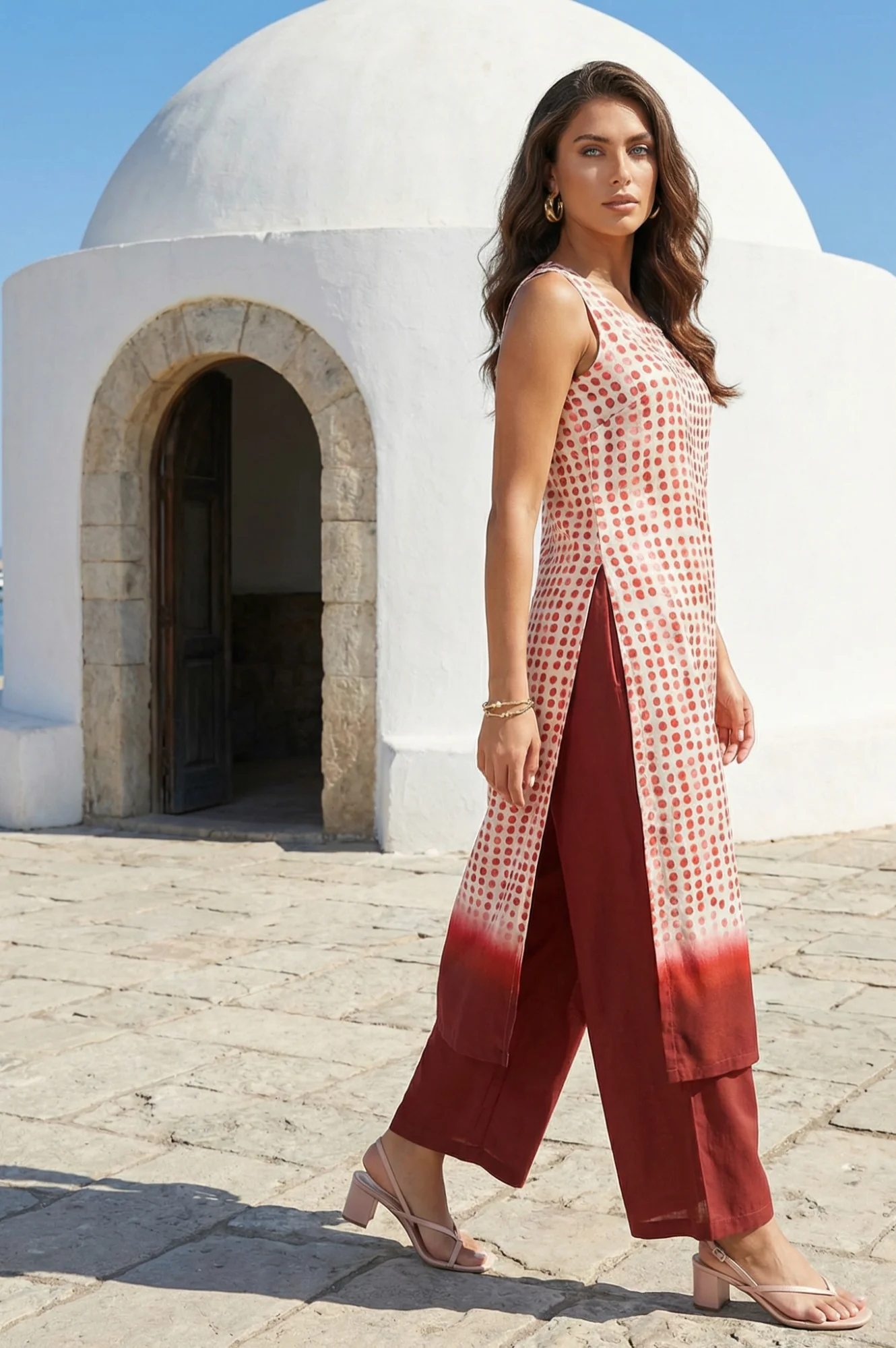 Off White Polka Dots Printed Rayon Sleeveless Straight Kurta with Pants Co-ord Set - Image 4