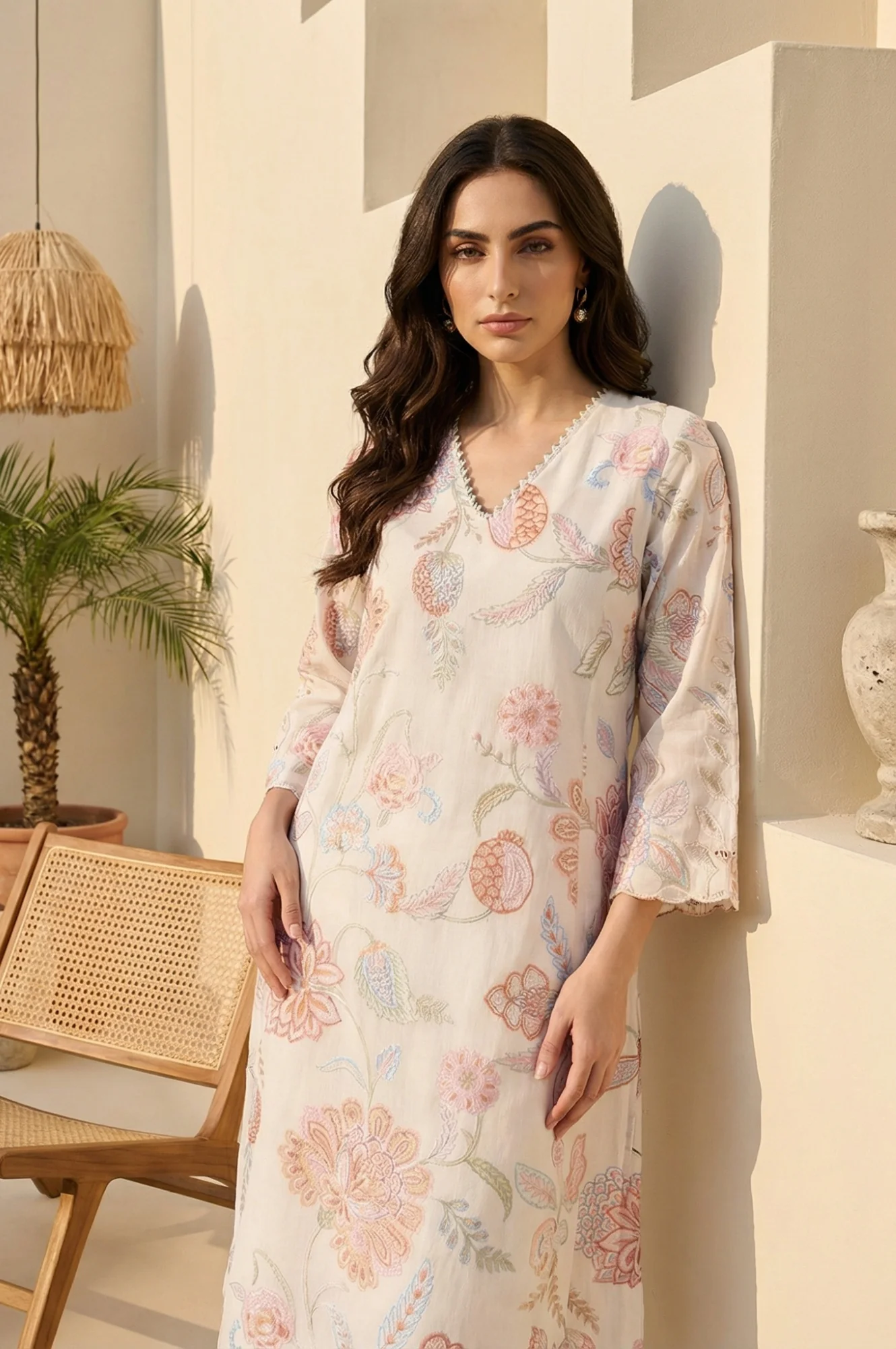 Off-White Schiffily Embroidered Floral Straight Kurta - Image 2