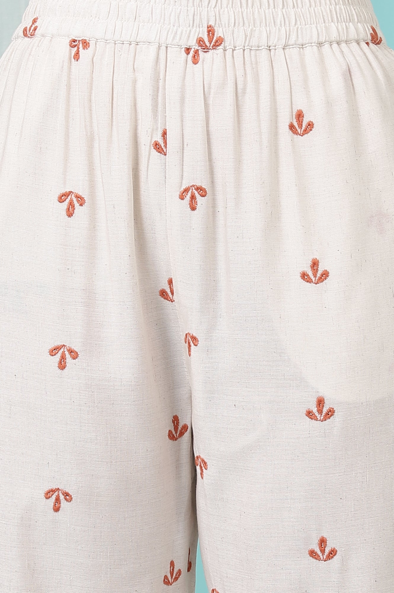 Off-White Schiffli Embroidered Rayon Flax Straight Kurta and Pants Set with Dupatta - Image 8